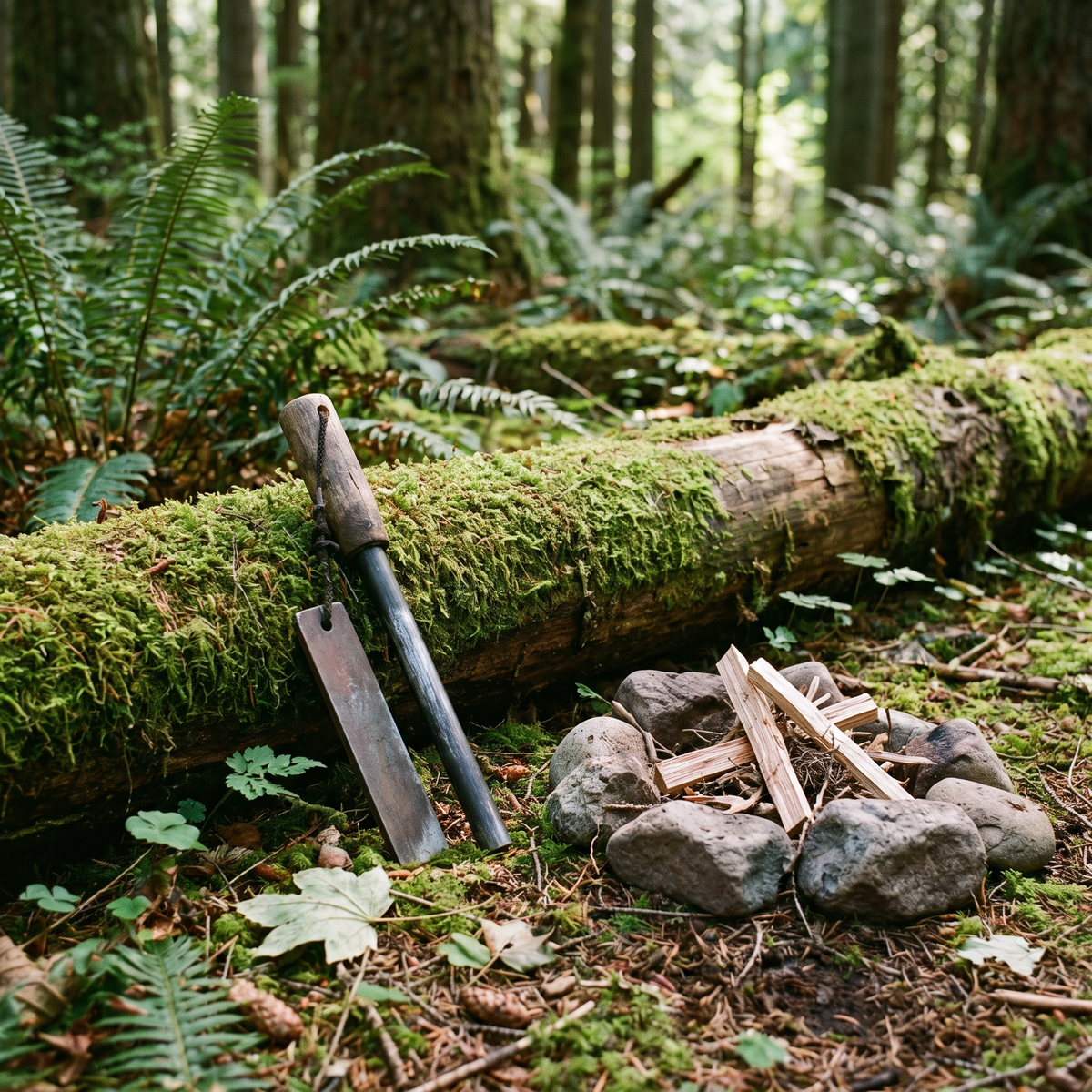 Ferro rod fire starter by a campfire ring