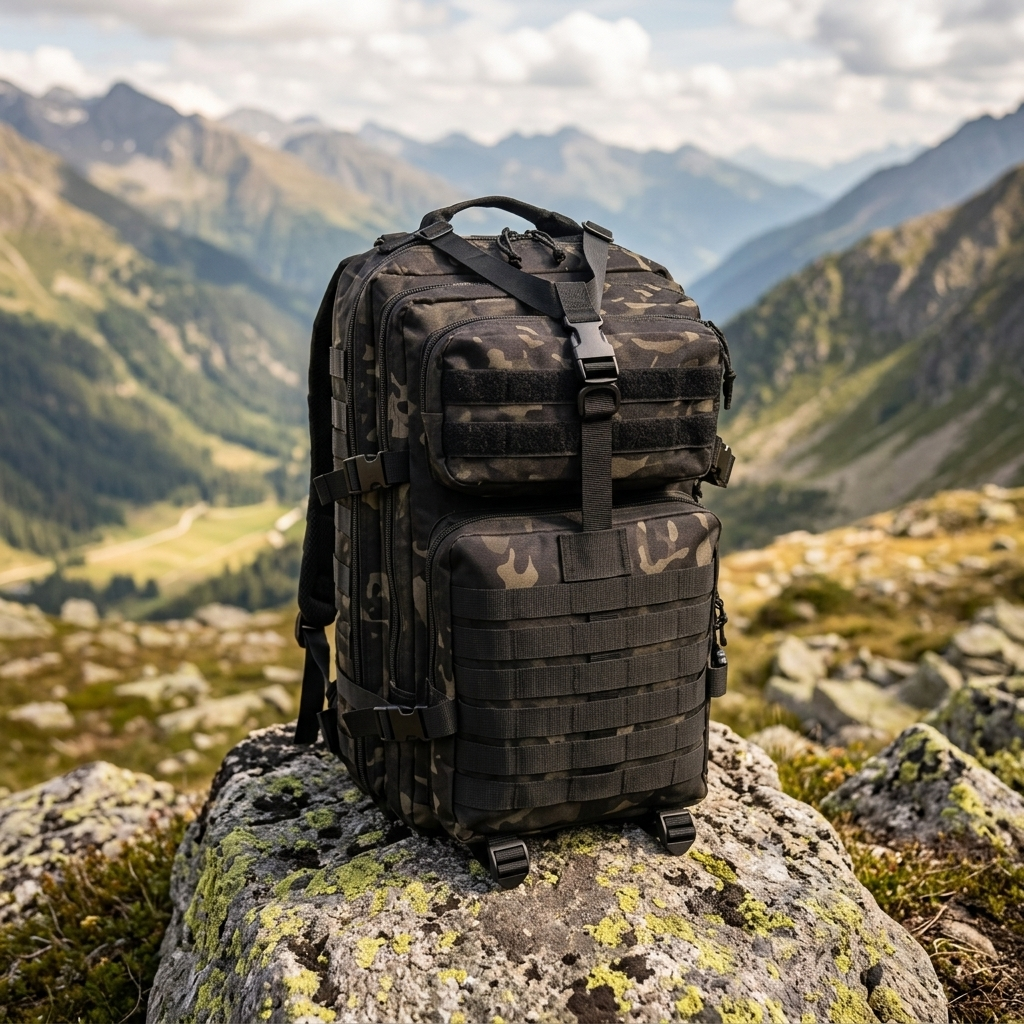 Expedition 50L Waterproof Backpack at a mountain viewpoint