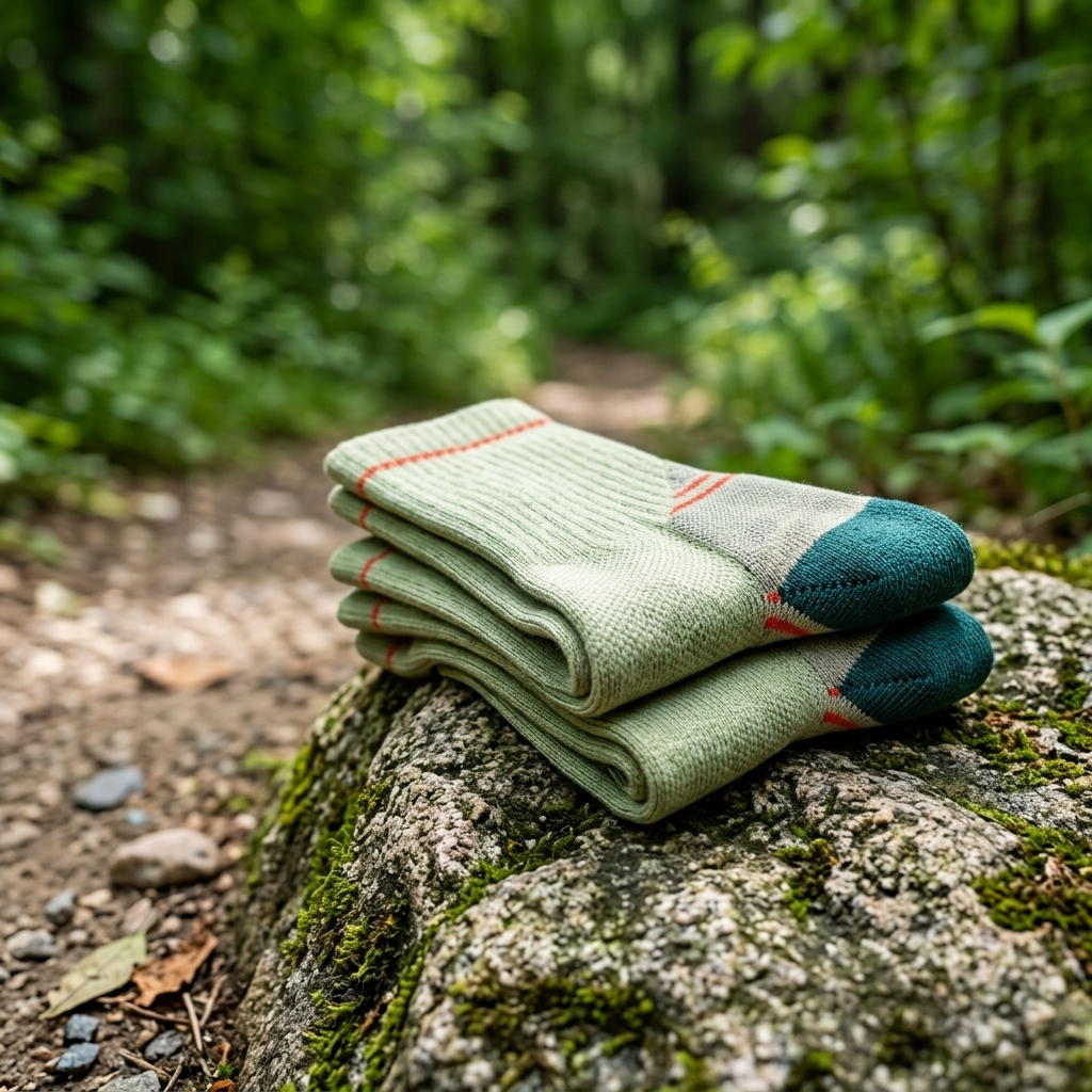 Alpine Merino Crew Socks beside a hiking trail