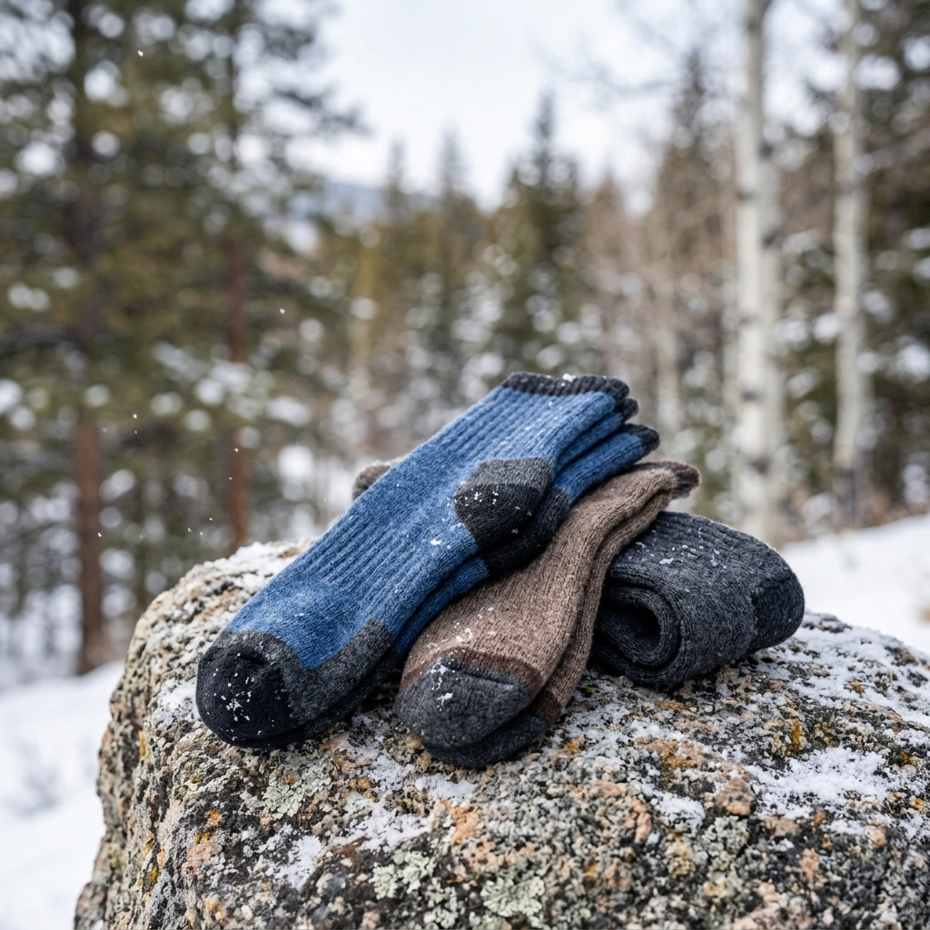 Winter Thermal Merino Socks on a snow-dusted rock
