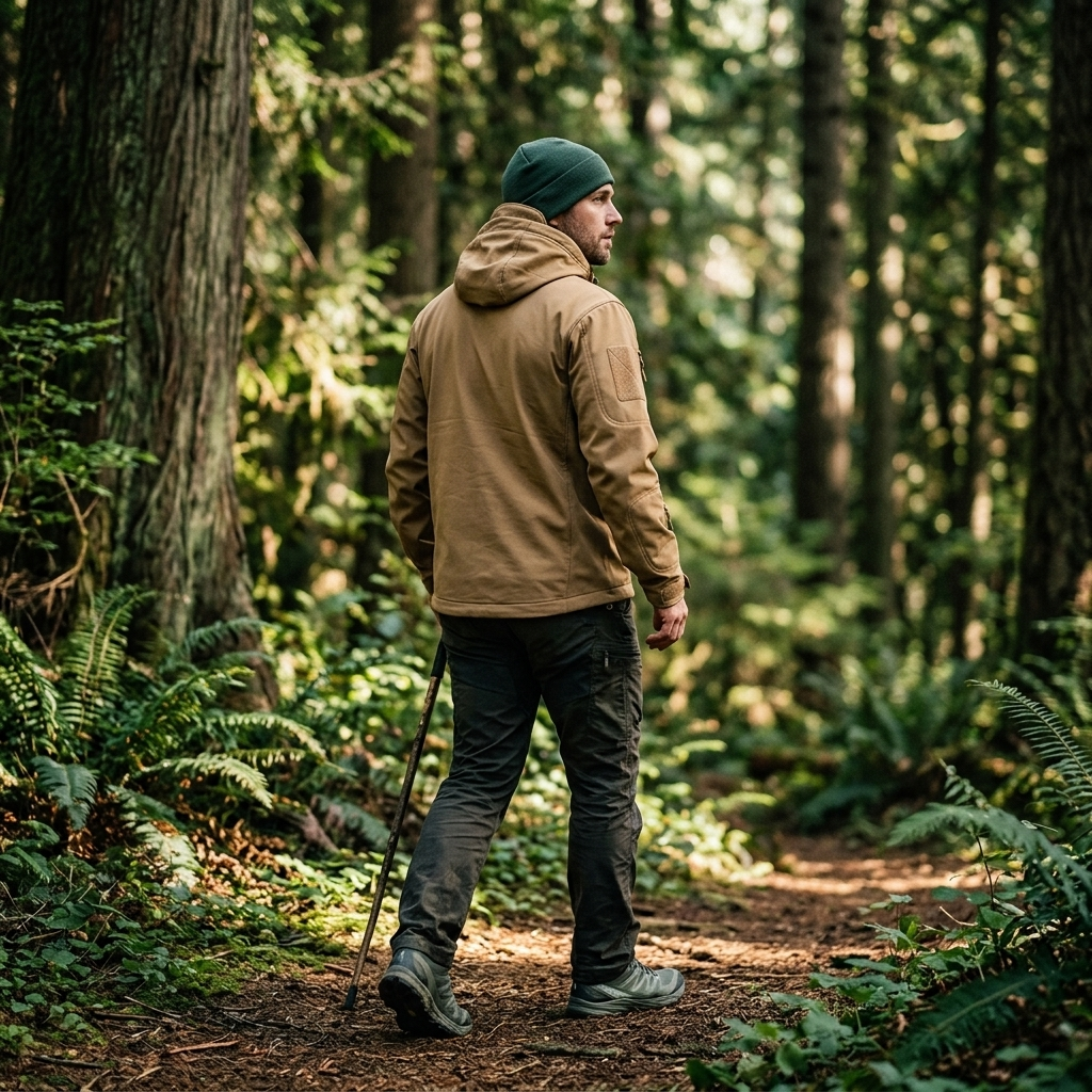 Basecamp Hooded Softshell on a forest trail