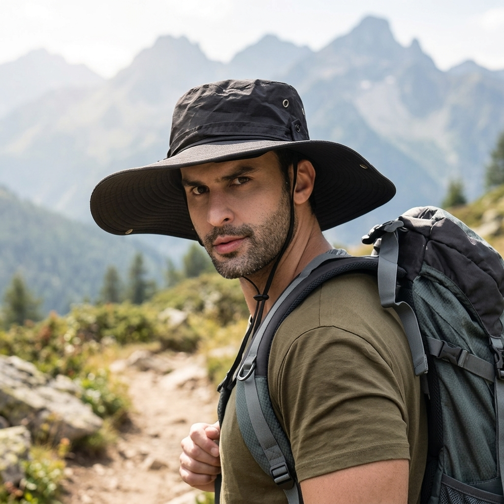 Skyline Wide-Brim Hat on a mountain trail