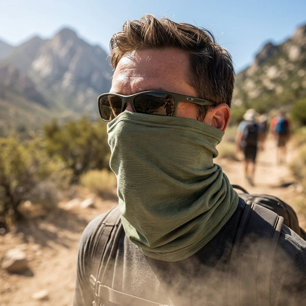 Breeze Neck Gaiter worn on a dusty trail
