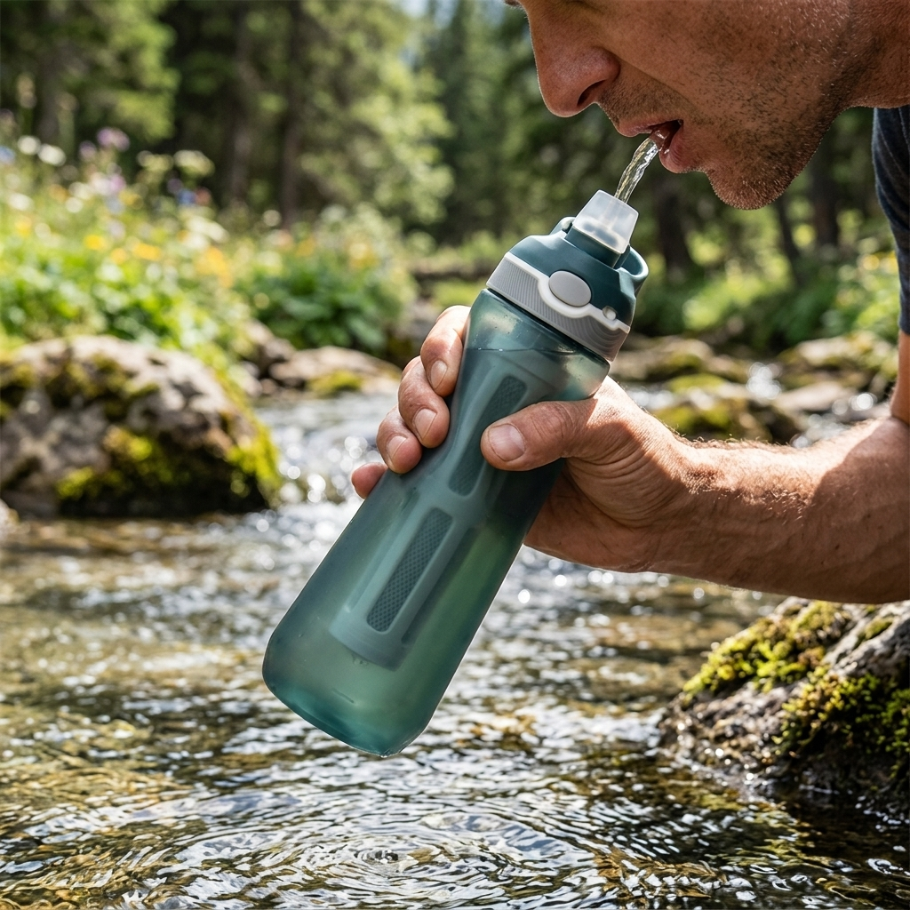 Trailflow Squeeze Water Filter in use at a stream