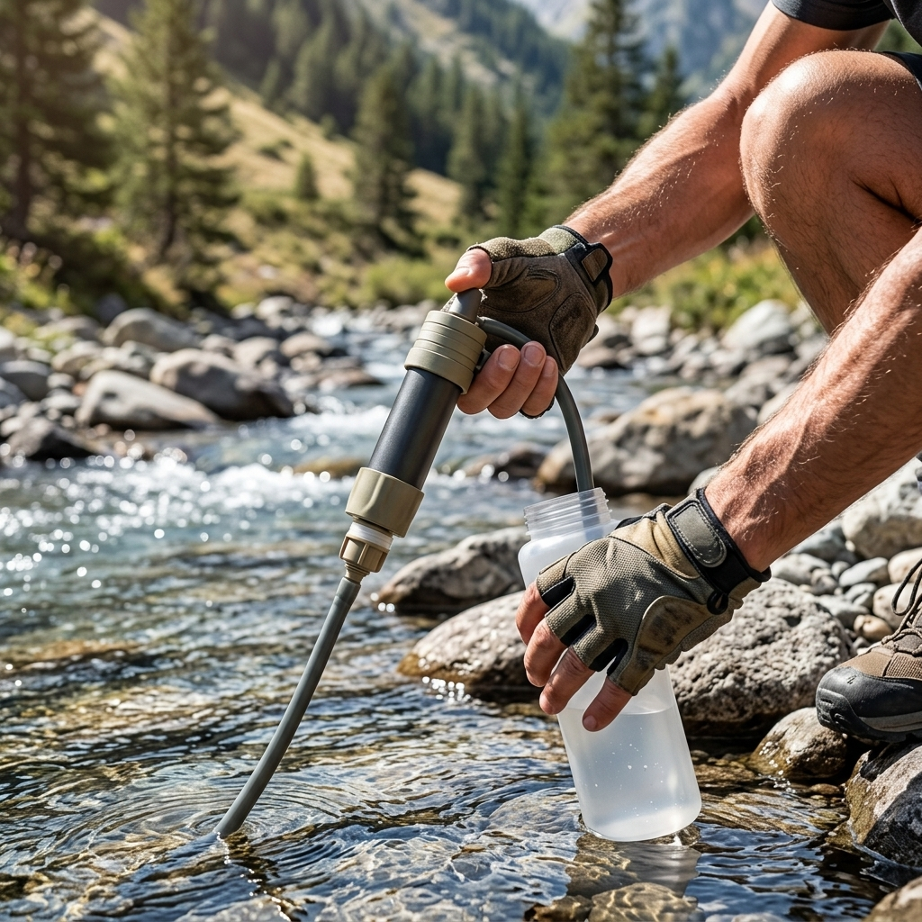 Basecamp Water Filter Pump at a stream