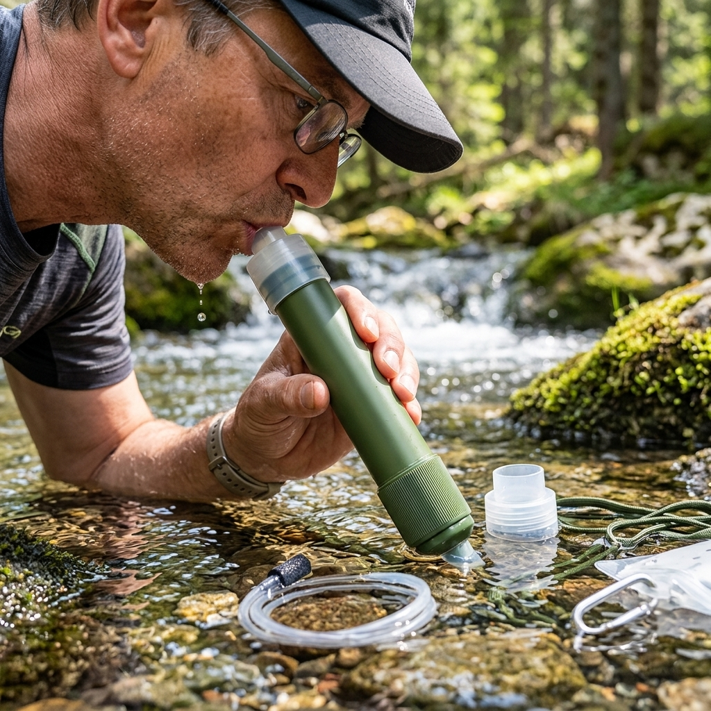 Streamline Straw Water Filter drinking from a stream