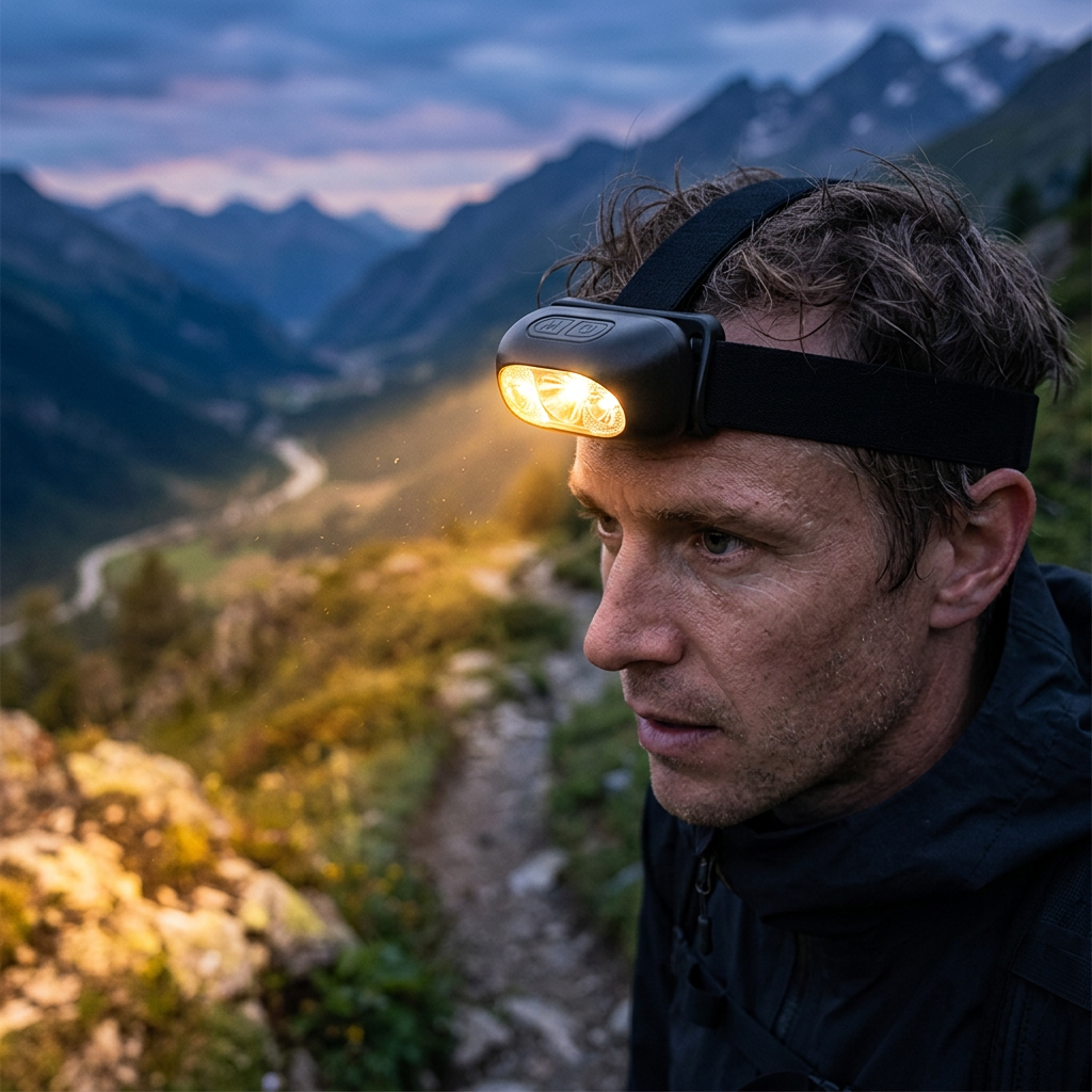 Trailbeam Rechargeable Headlamp worn at dusk