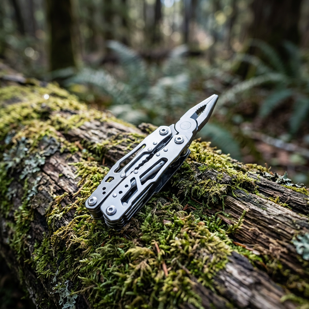 Pocket Camp Multitool on a log