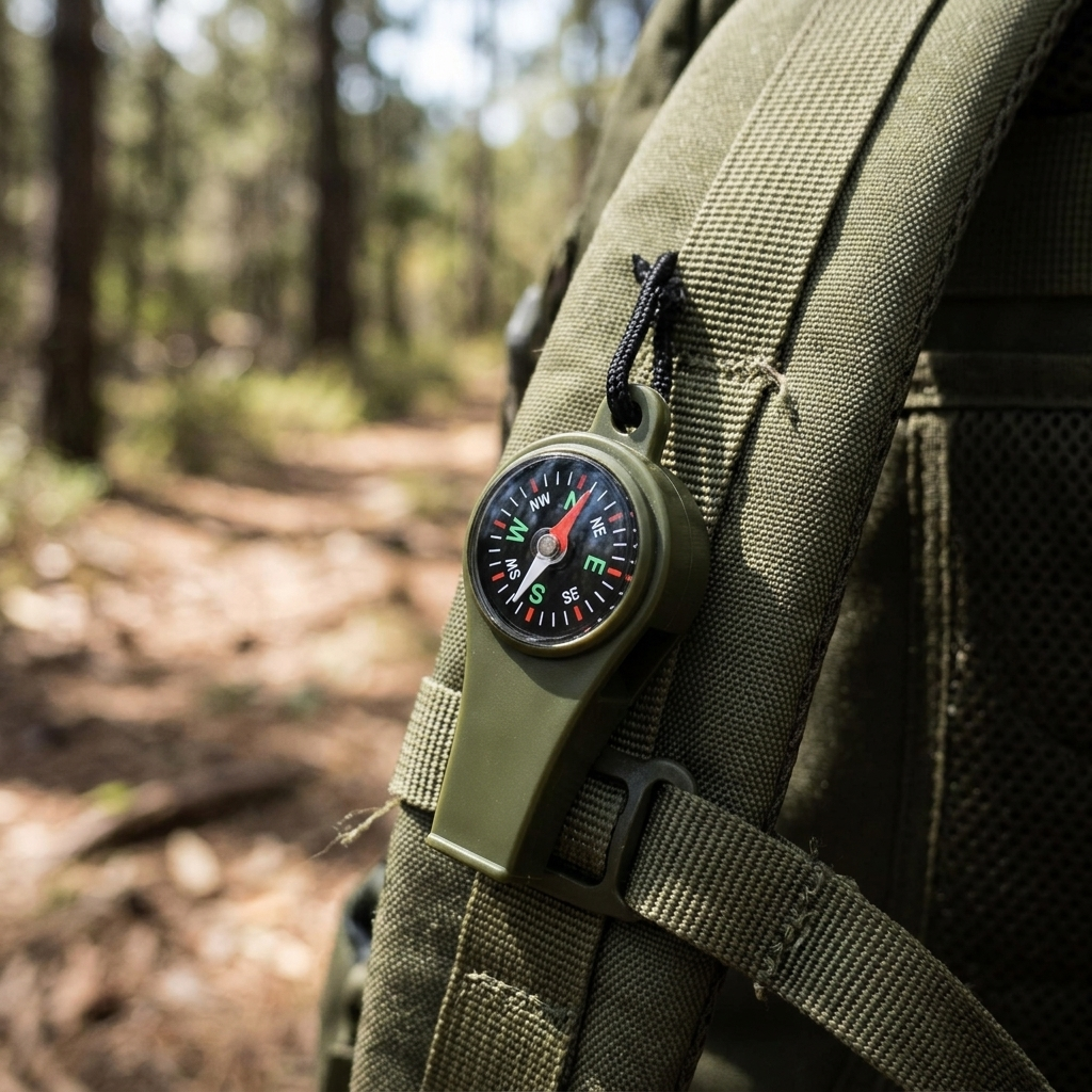 Pocket Button Compass clipped to a pack