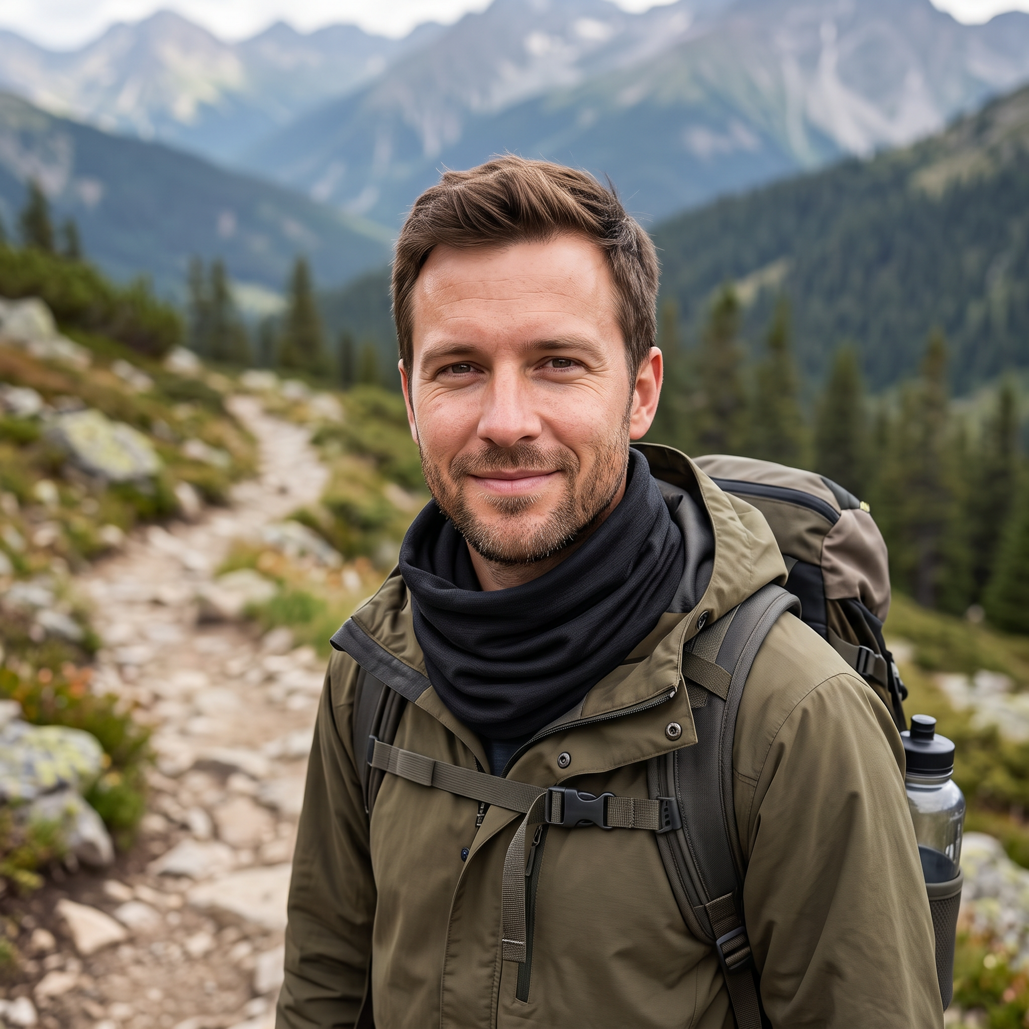 Trail Tube Neck Gaiter worn around the neck on a mountain trail