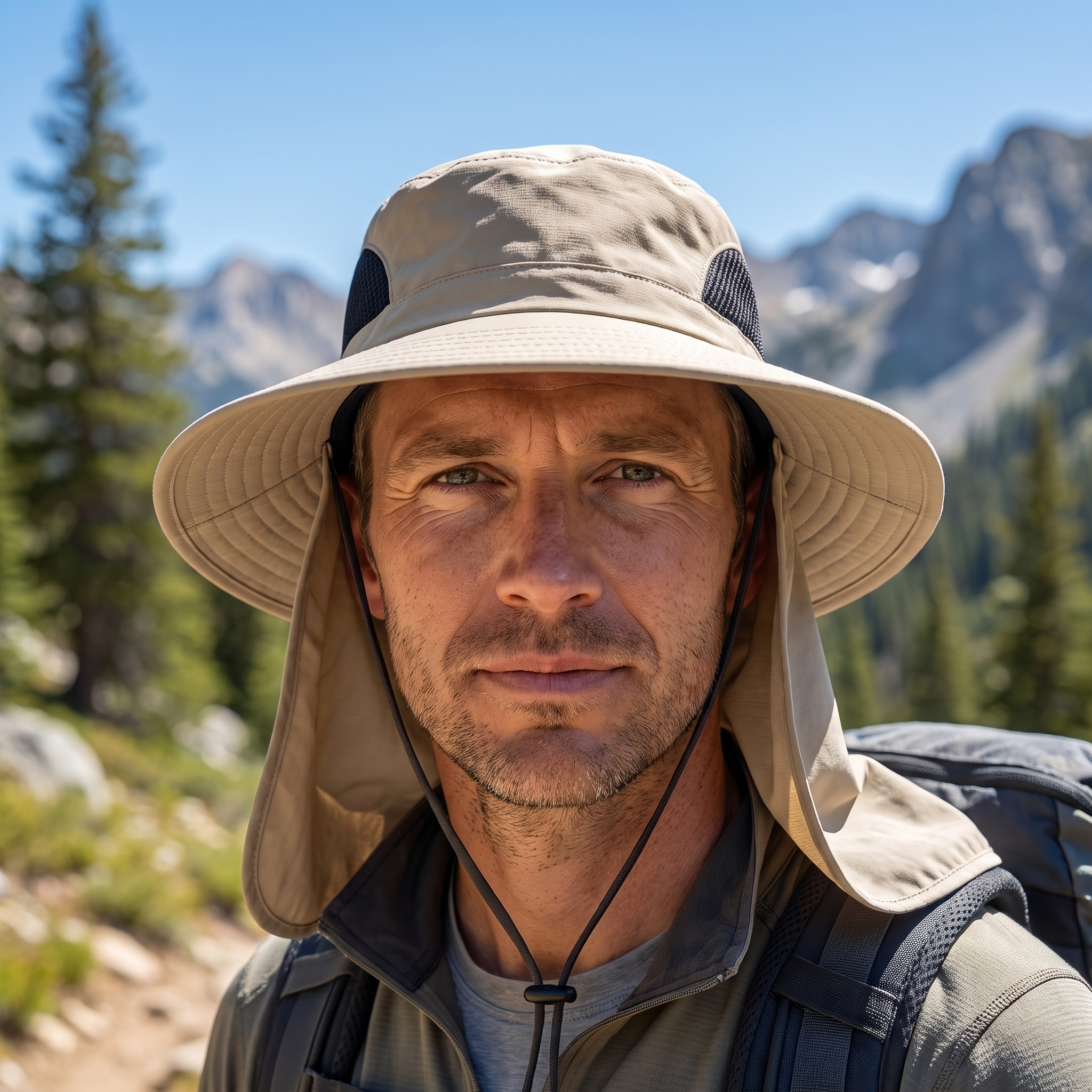 Horizon Sun Bucket Hat worn on an alpine trail