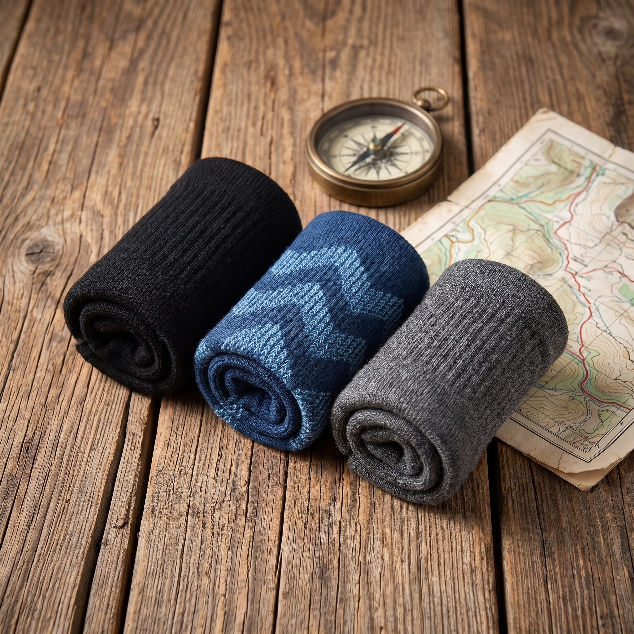 Merino Thermal Socks 3-Pack flat lay with map and compass