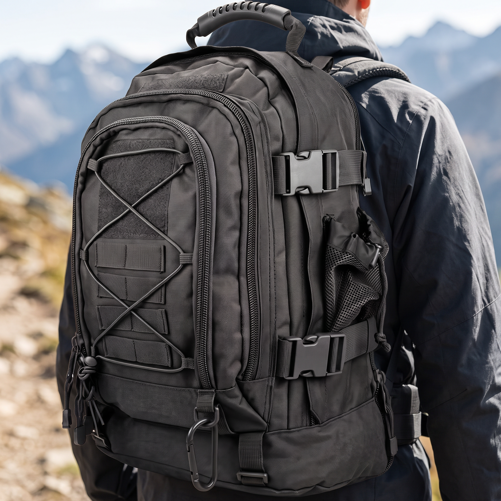 Vanguard 60L Tactical Backpack worn on a mountain trail