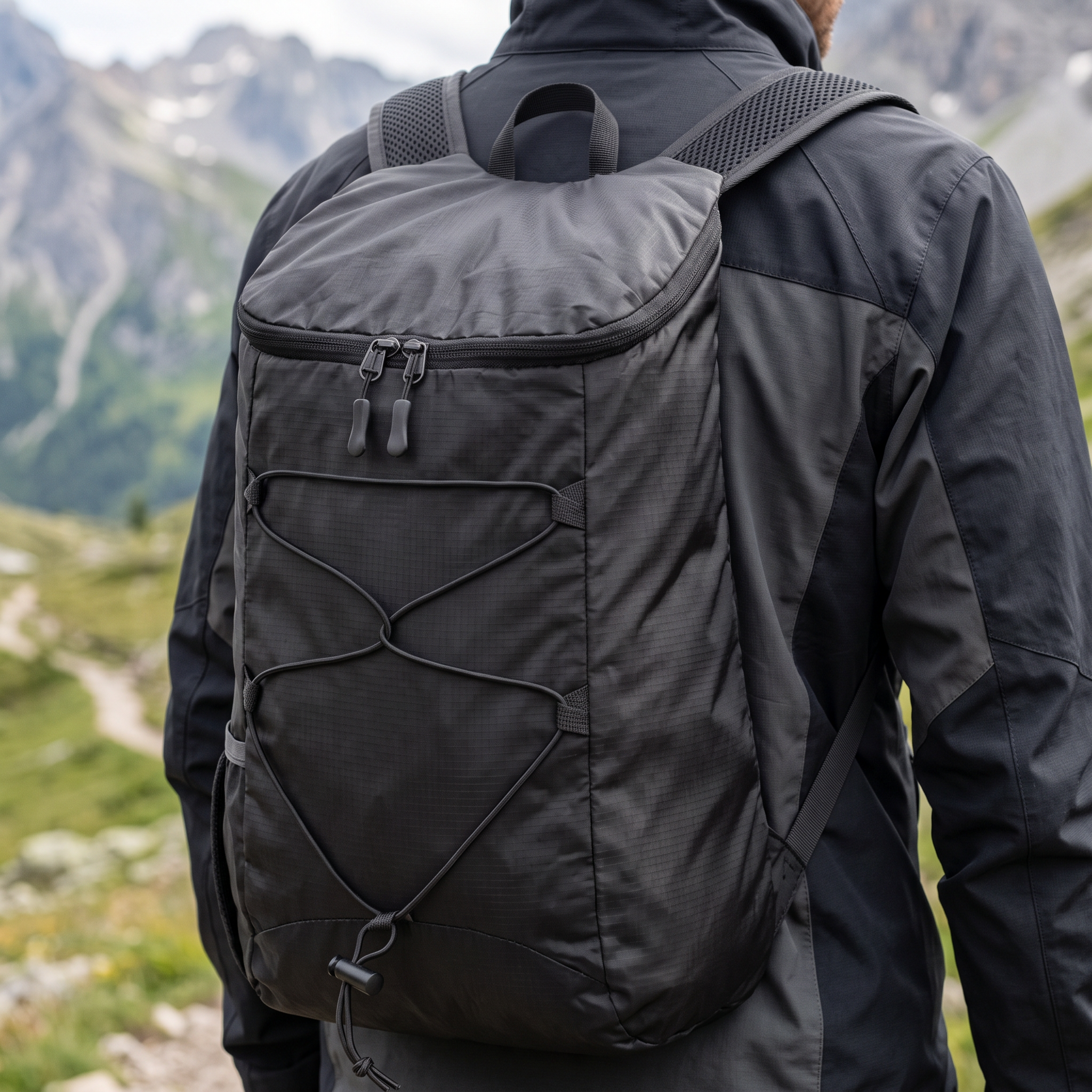 Featherlite Packable Daypack worn on a mountain trail
