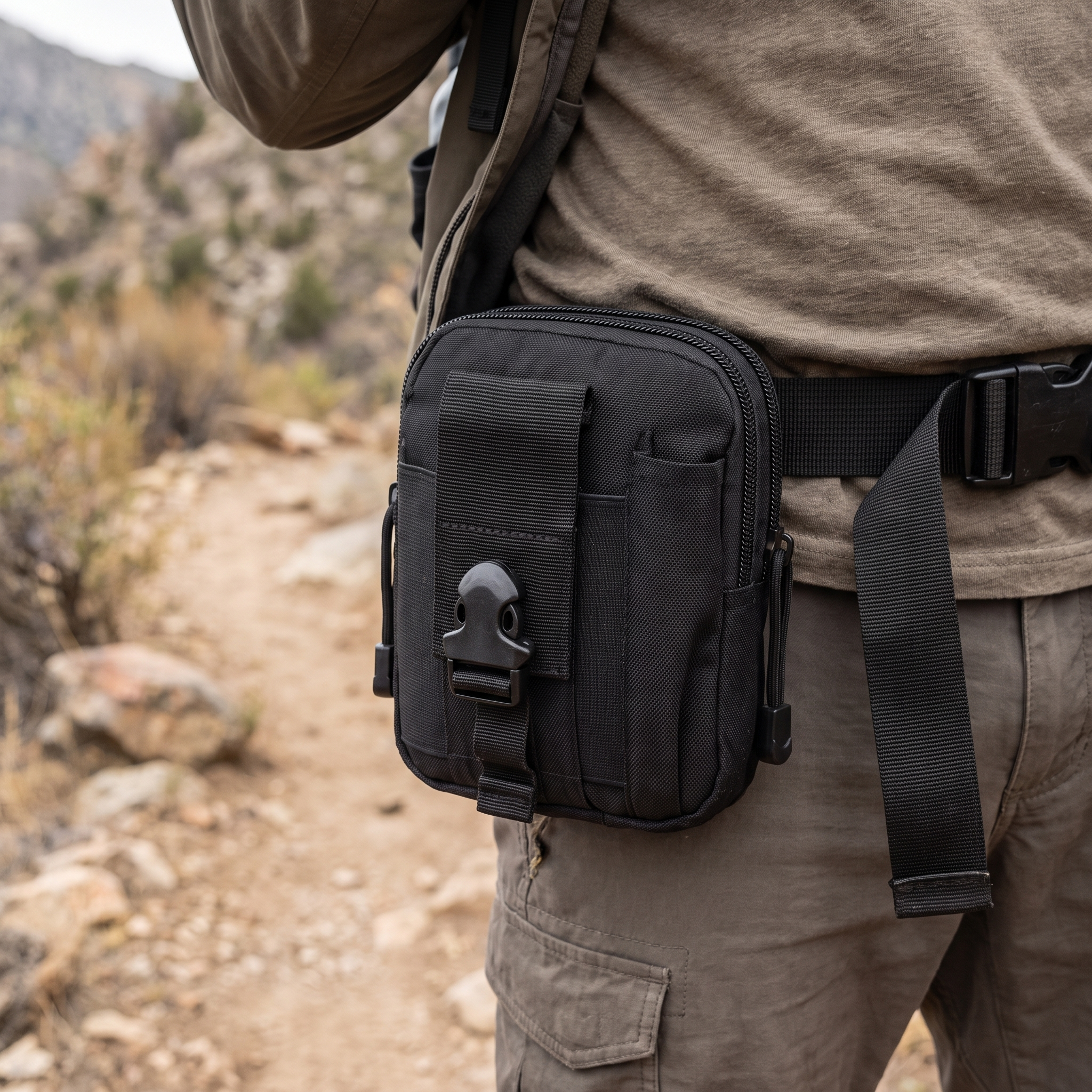 Ranger MOLLE Hip Pack worn on a mountain trail