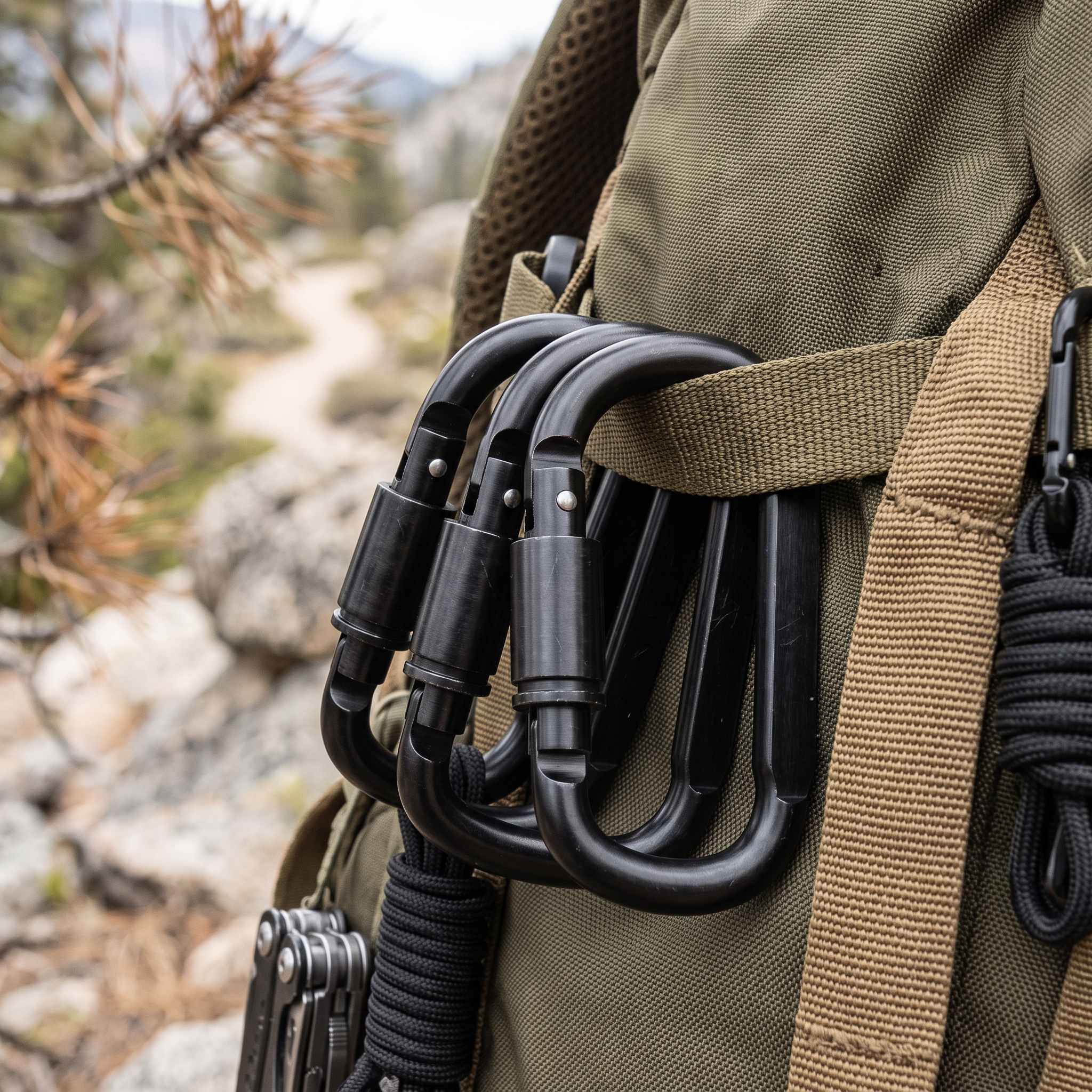TrailClip Aluminium Carabiner Set clipped to a backpack
