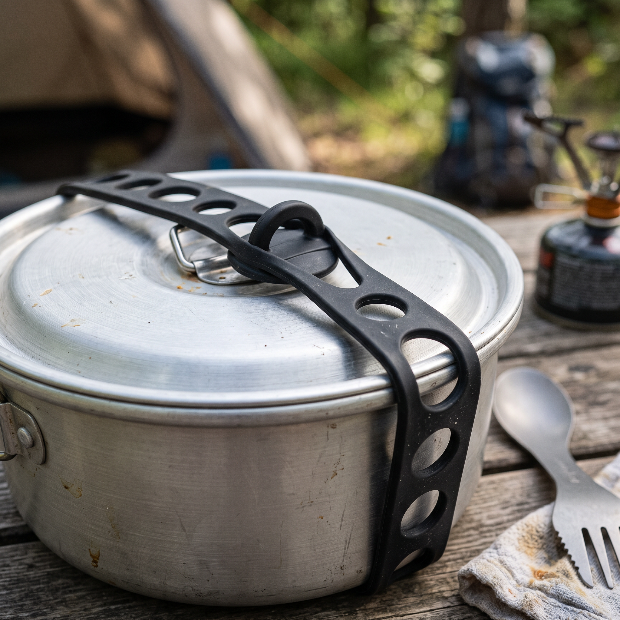 Silicone Cookware Lid Strap securing a camp pot