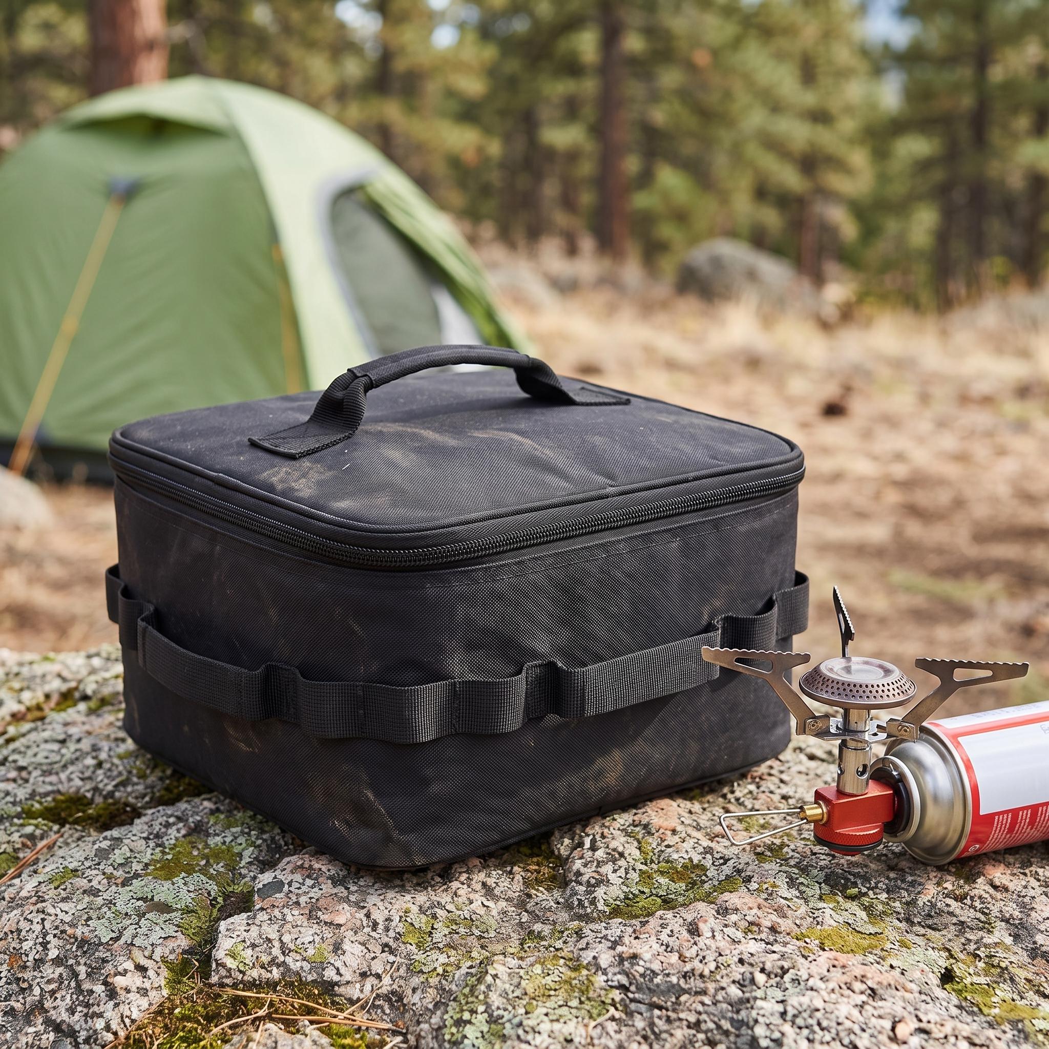 Basecamp Gas Canister Bag at a campsite