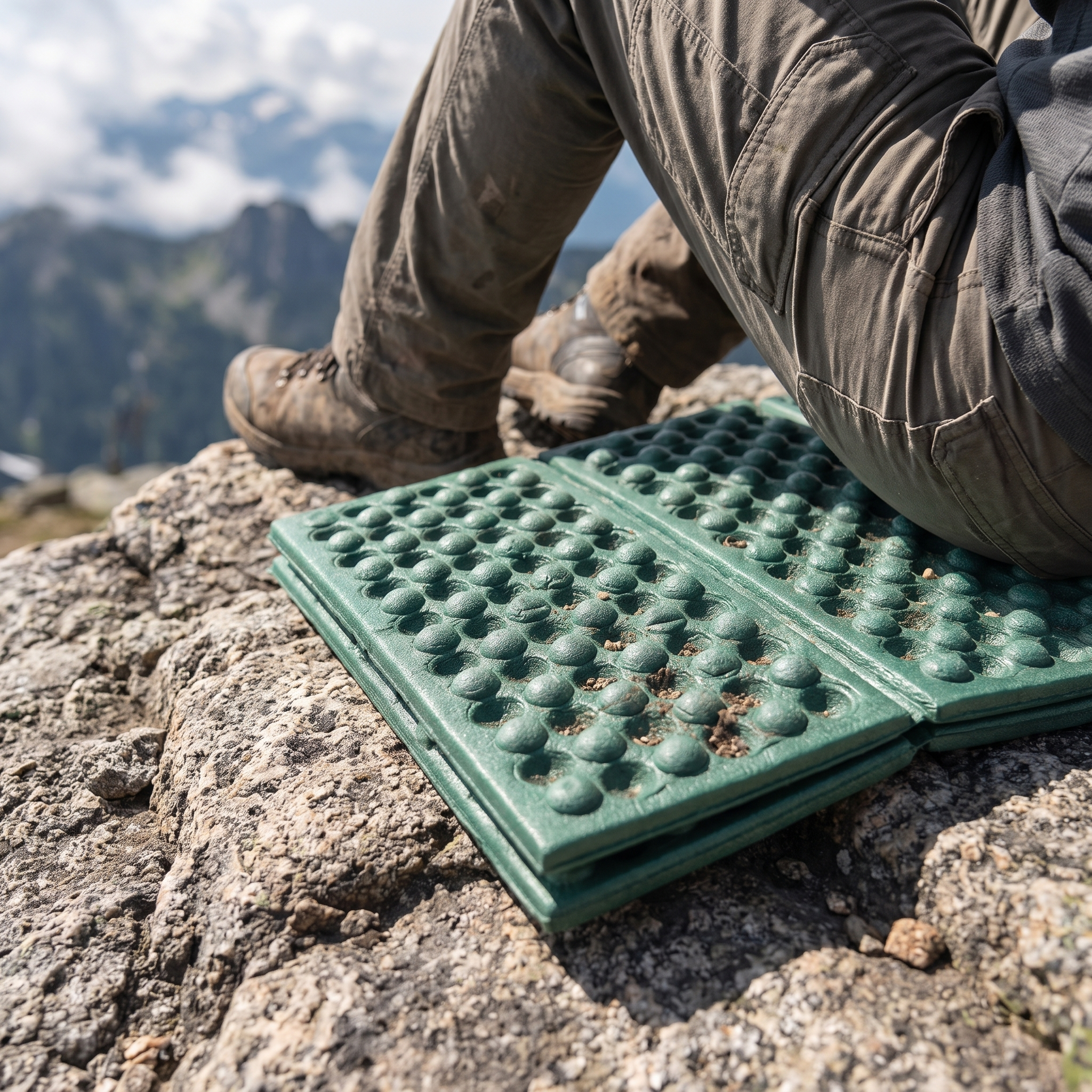Basecamp Folding Sit Pad in use at a viewpoint