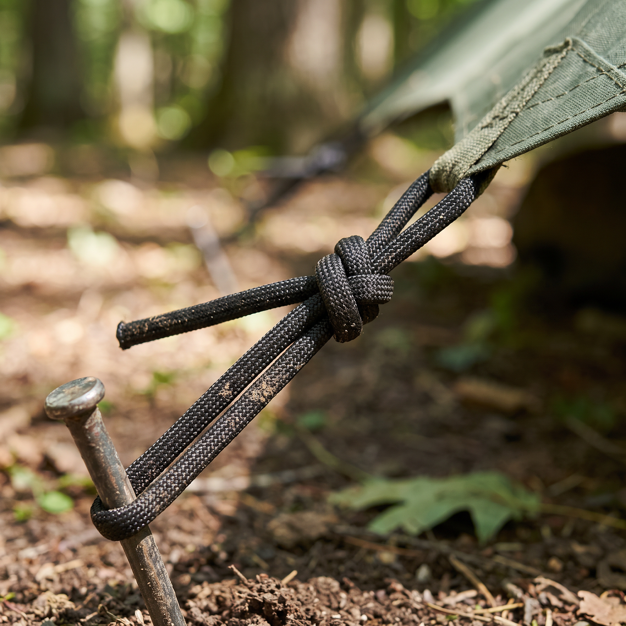 Trailcord 550 Paracord tying down a tarp at camp