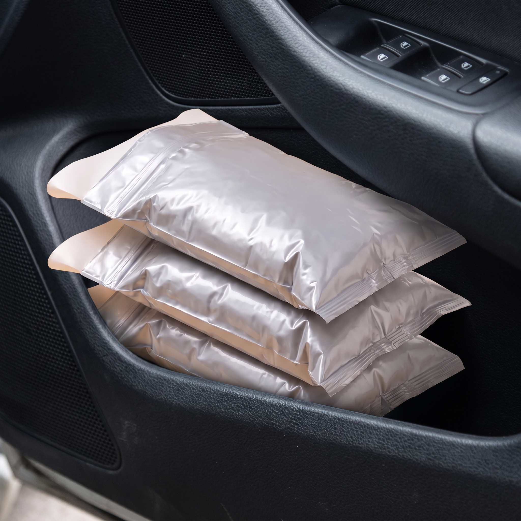 Emergency Travel Urine Bags stored in a car door pocket