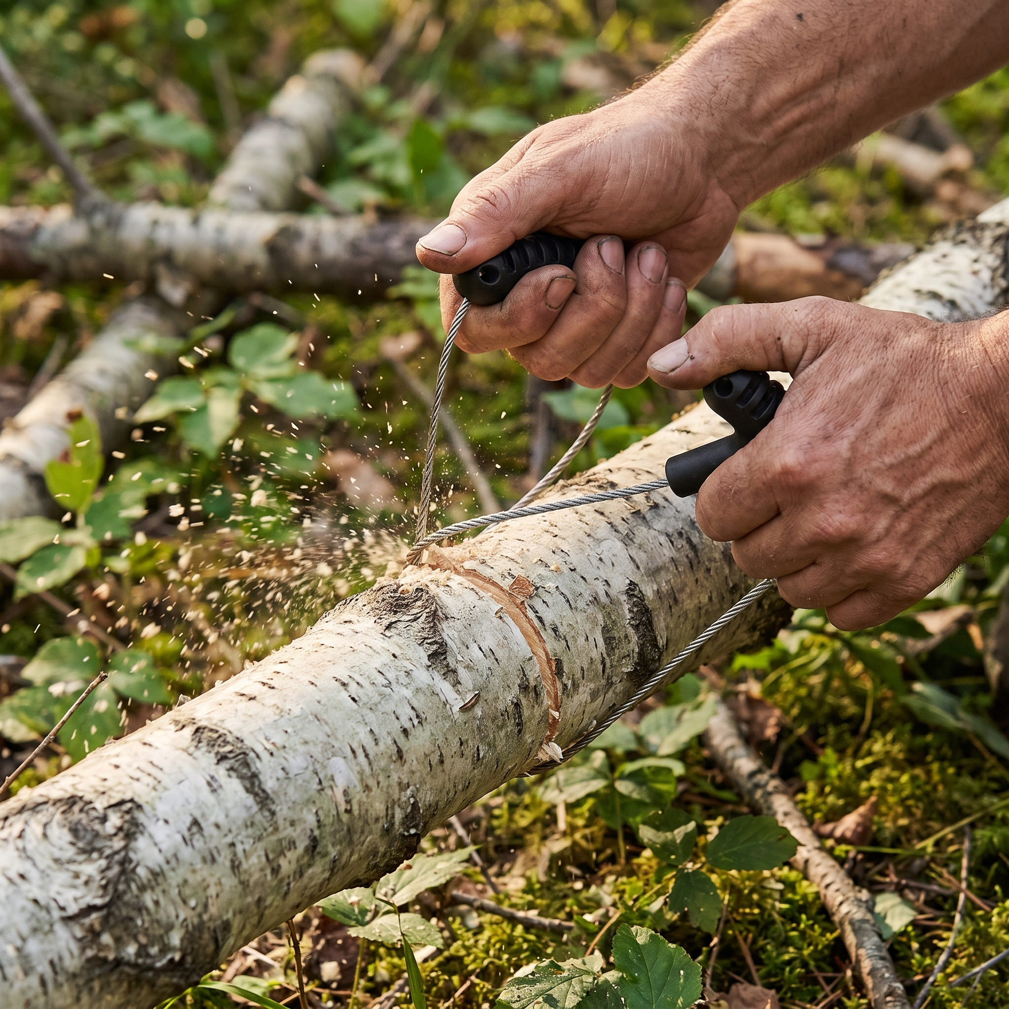 Pocket Rope Chain Saw cutting a fallen branch on the trail