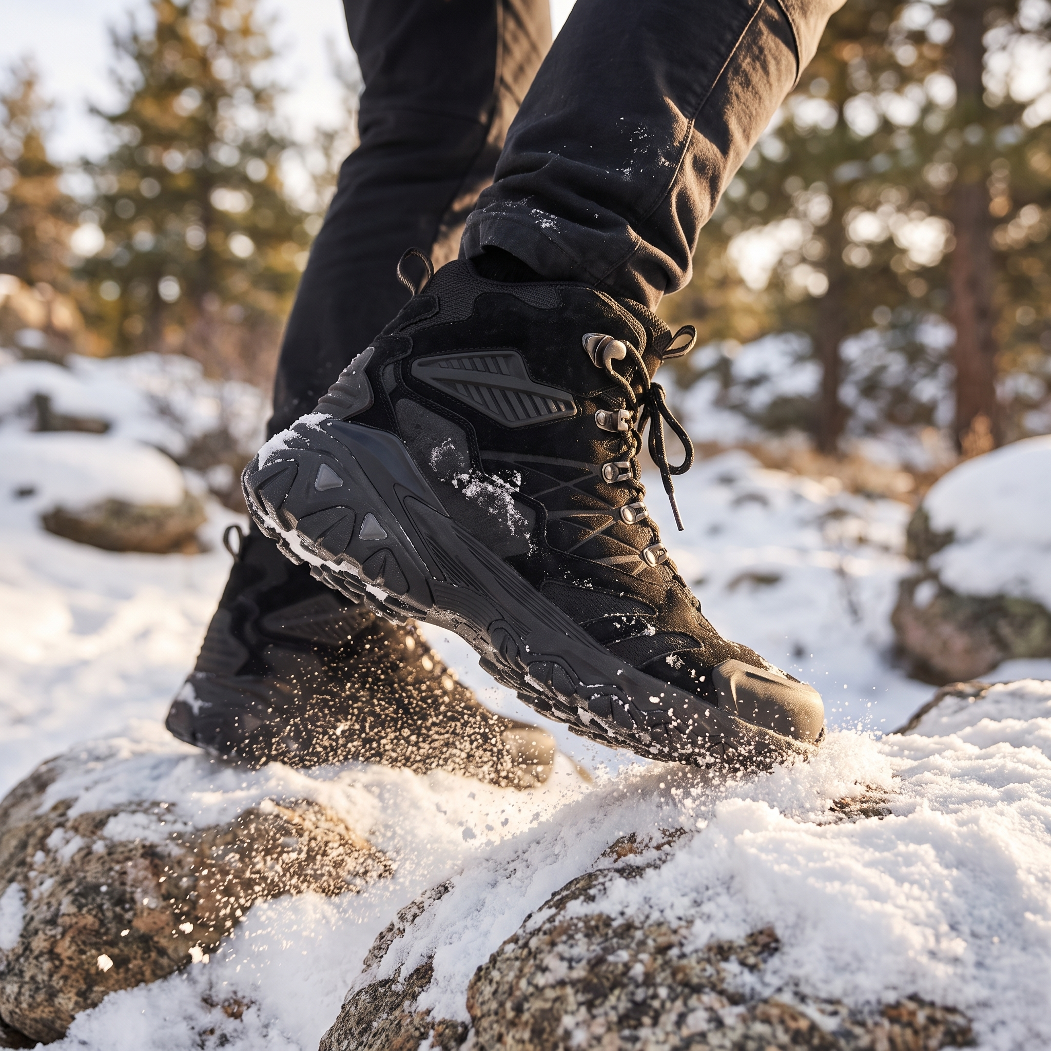 Ridgeline Suede Winter Hiking Boots worn on a snowy trail