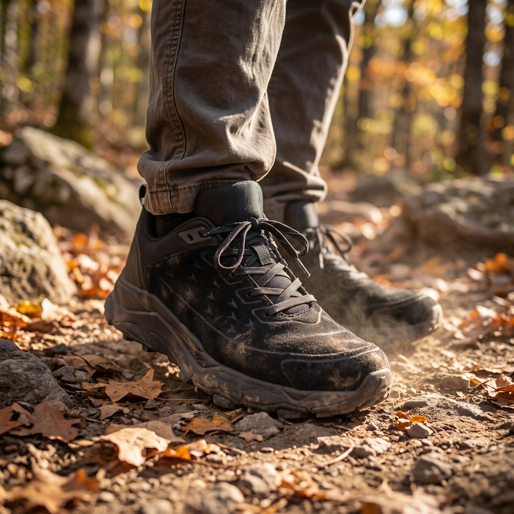 Timber Suede Leather Hiking Shoes worn on a rocky trail