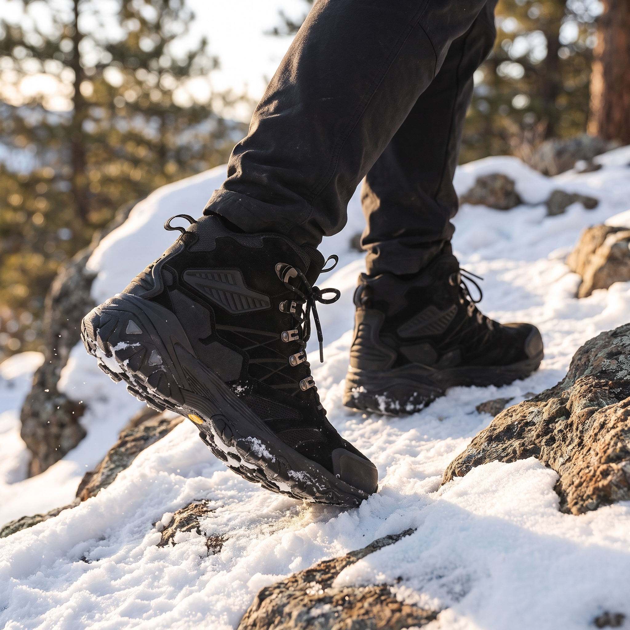 Sentinel Suede High-Top Winter Boots worn on a snowy trail