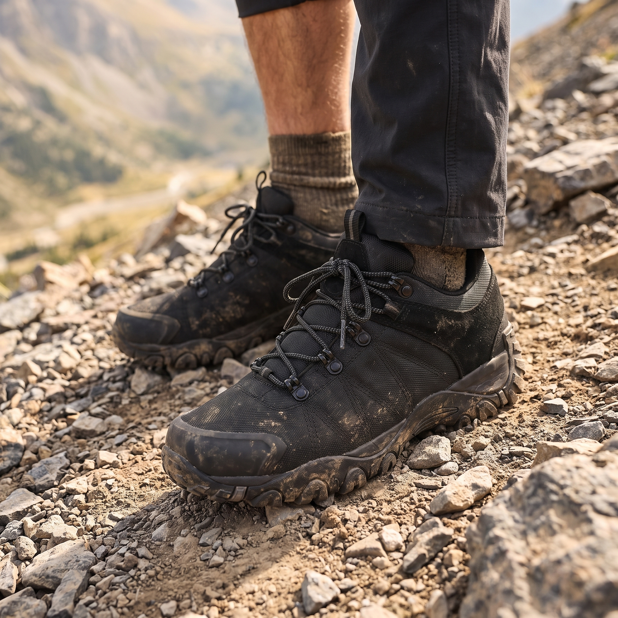 Granite Anti-Slip Trail Hiking Shoes worn on a steep slope