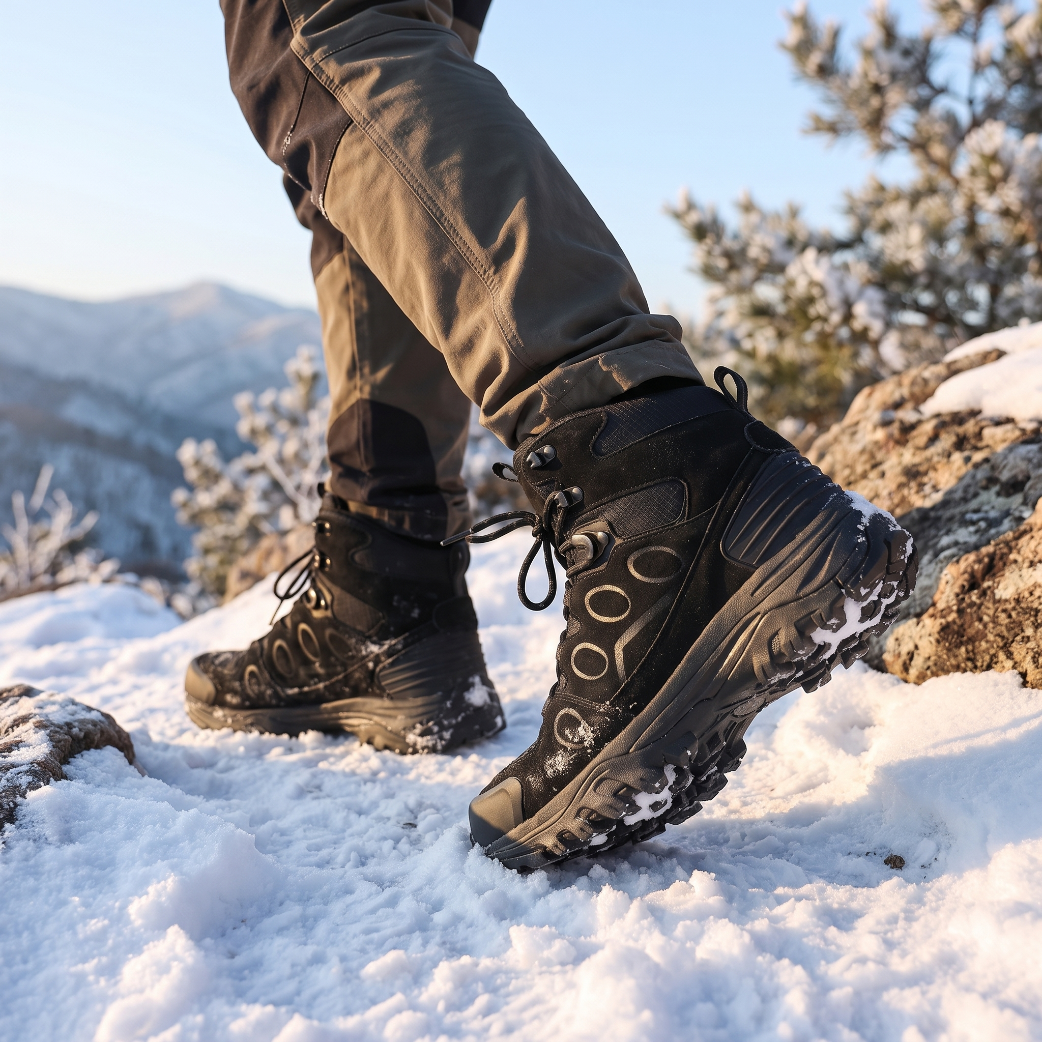 Frost High-Top Winter Hiking Boots worn on a snowy trail