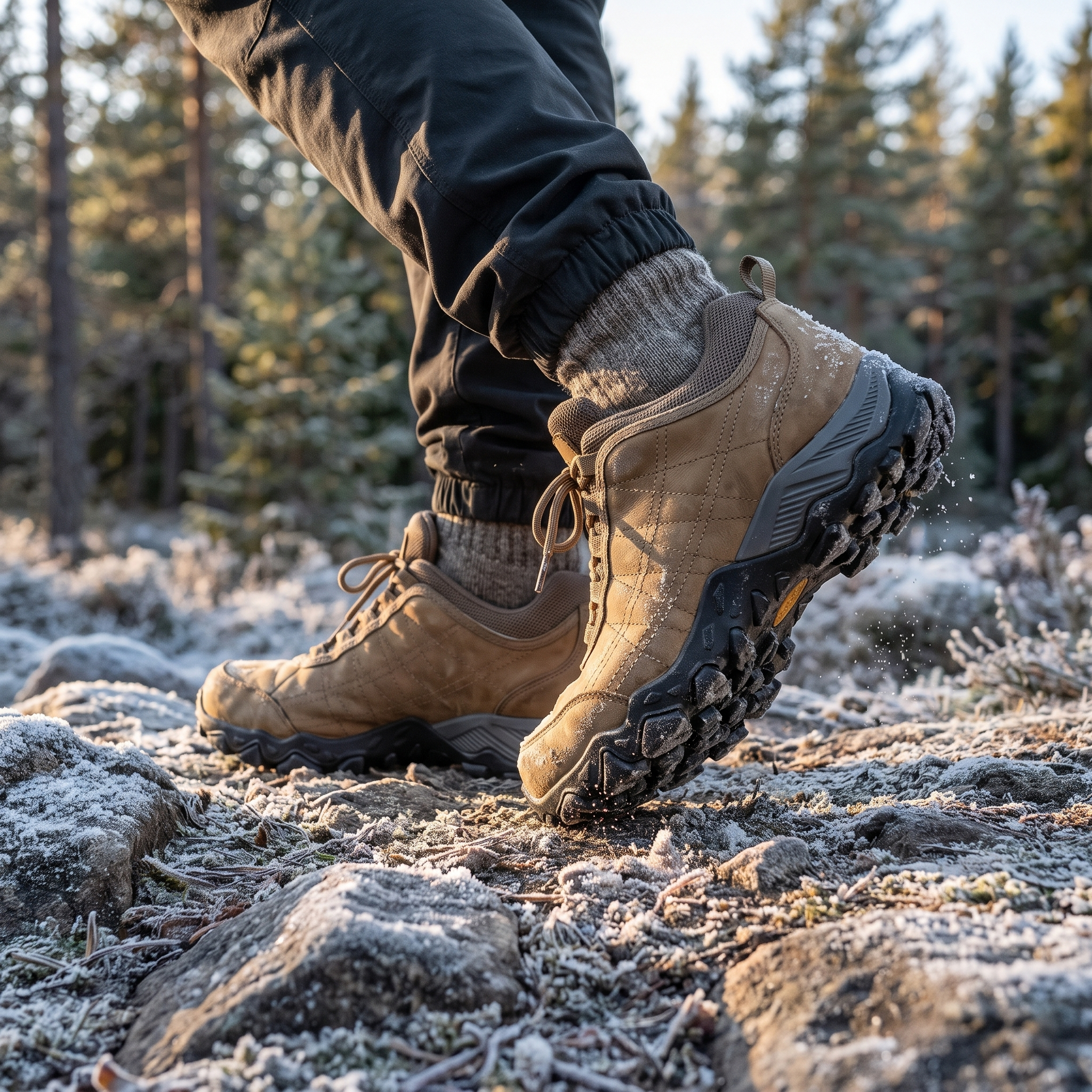 Wilder Leather Winter Trekking Boots worn on a frosted trail