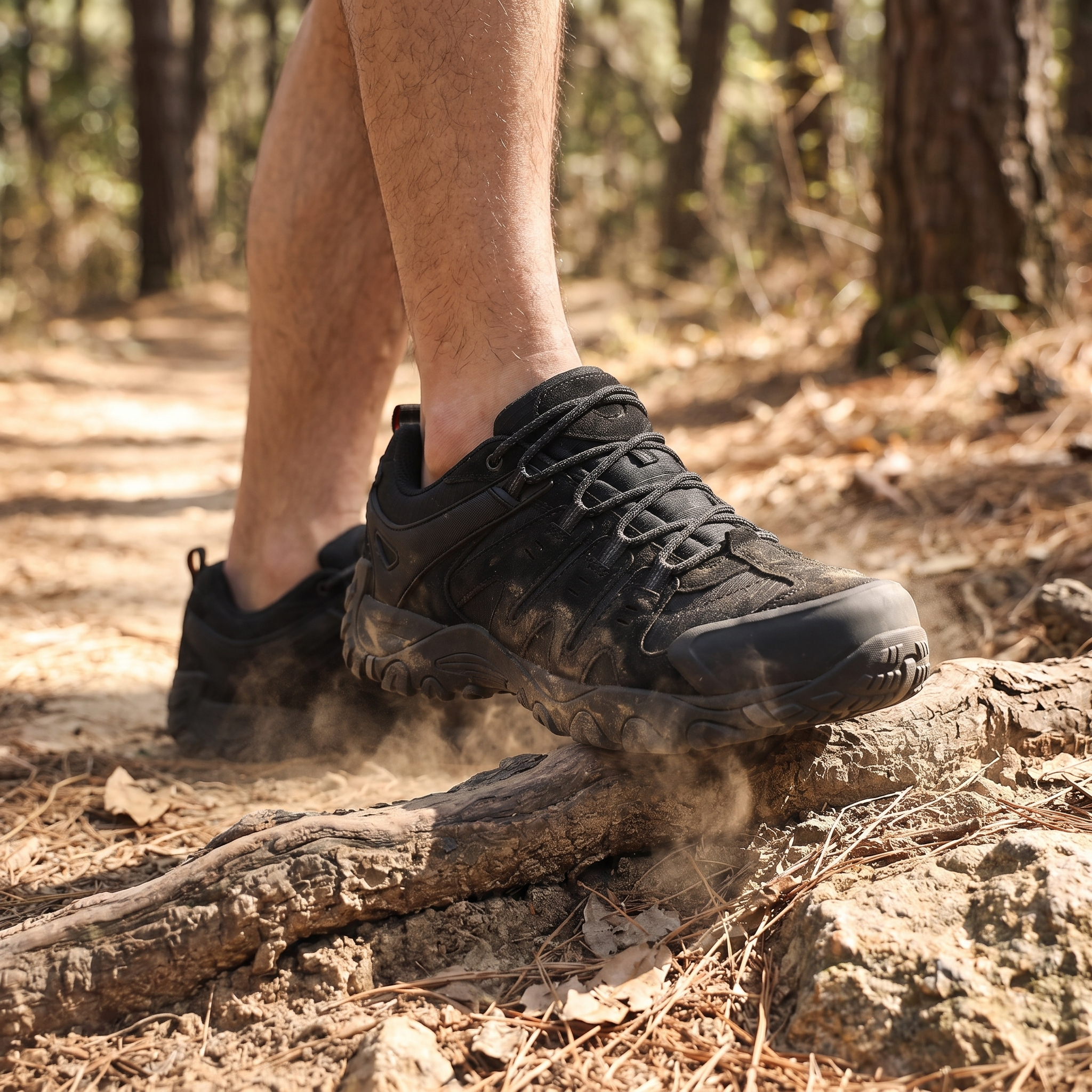 Bedrock Suede Trail Hiking Shoes worn on a forest trail