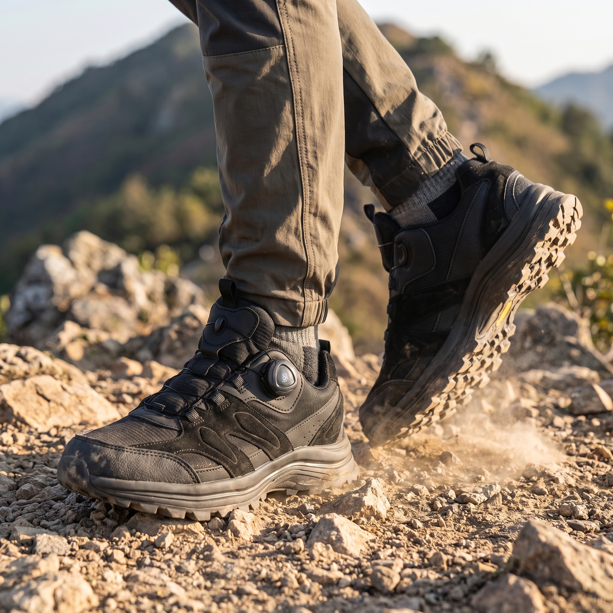Vertex Quick-Lace Trail Hiking Shoes worn on a rocky trail
