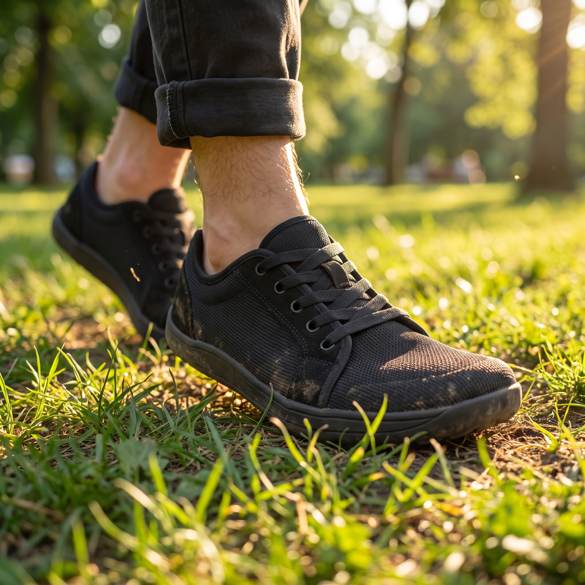 Birch Barefoot Wide-Toe Trail Shoes worn on a grassy path