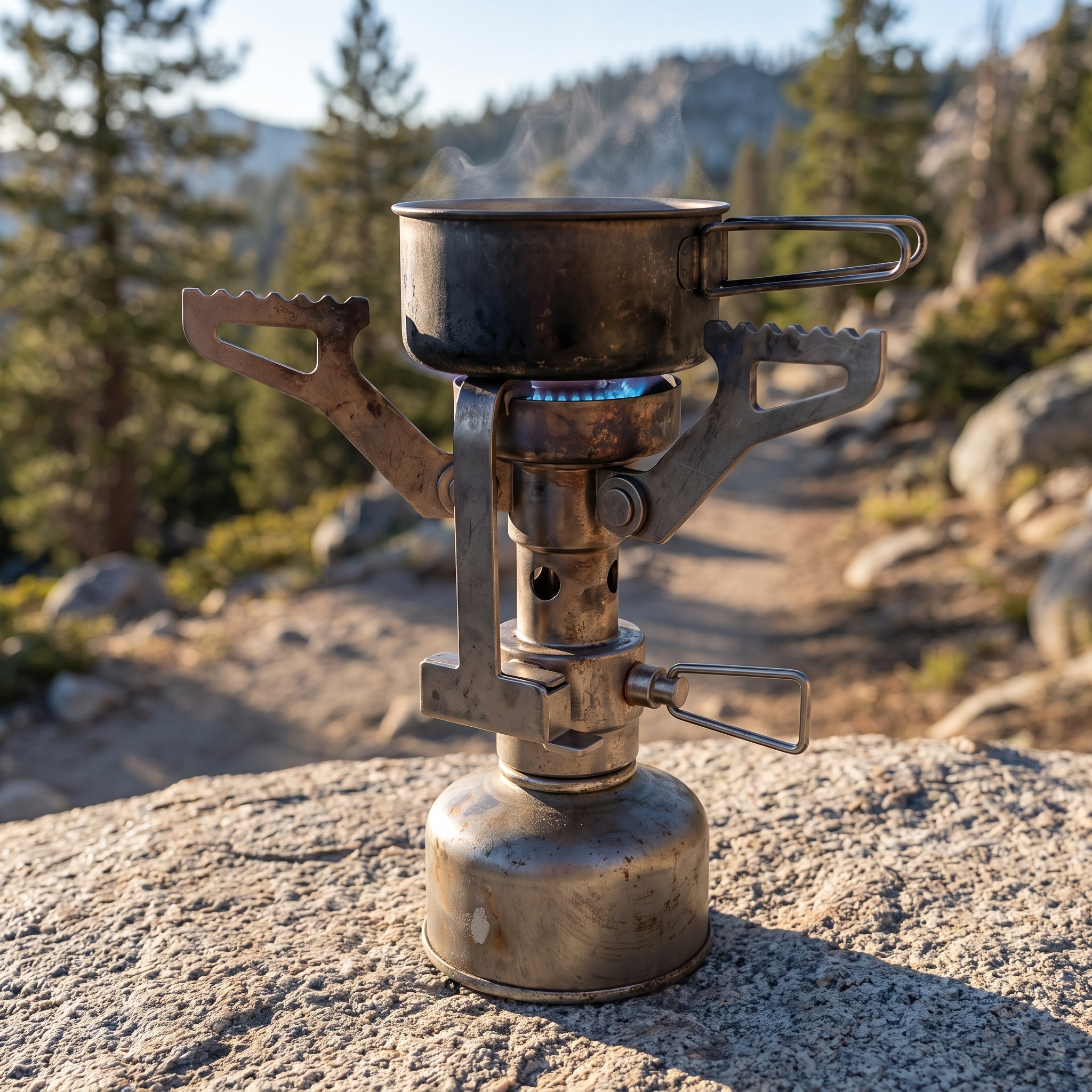 Ember titanium stove boiling water on a mountain trail