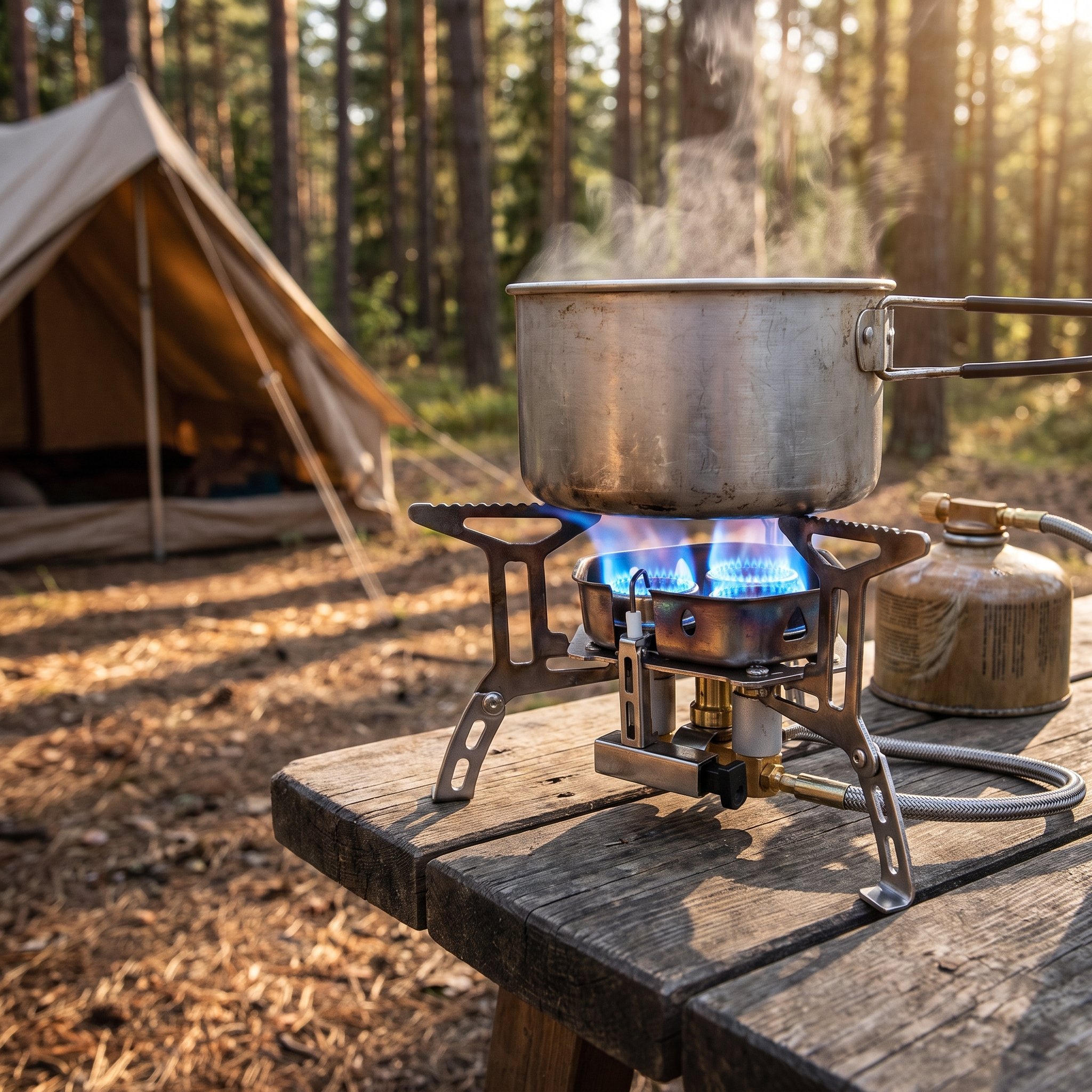 Blaze camping stove burning at a campsite