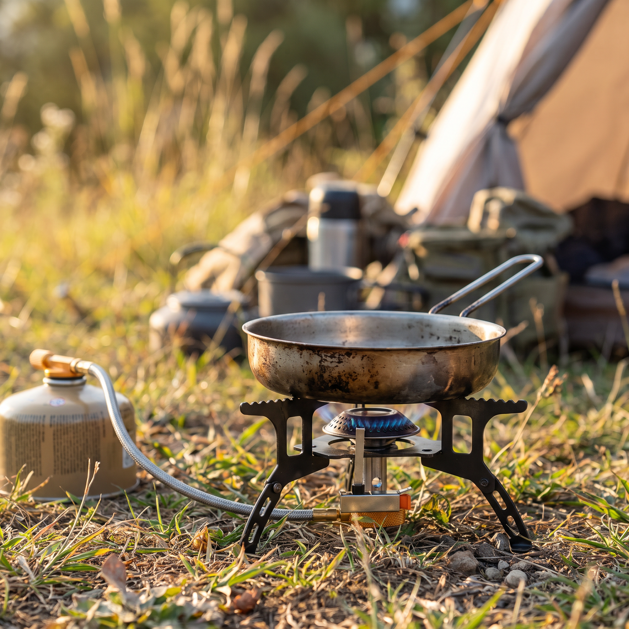 Ridgefire folding camping stove cooking at a grassy campsite