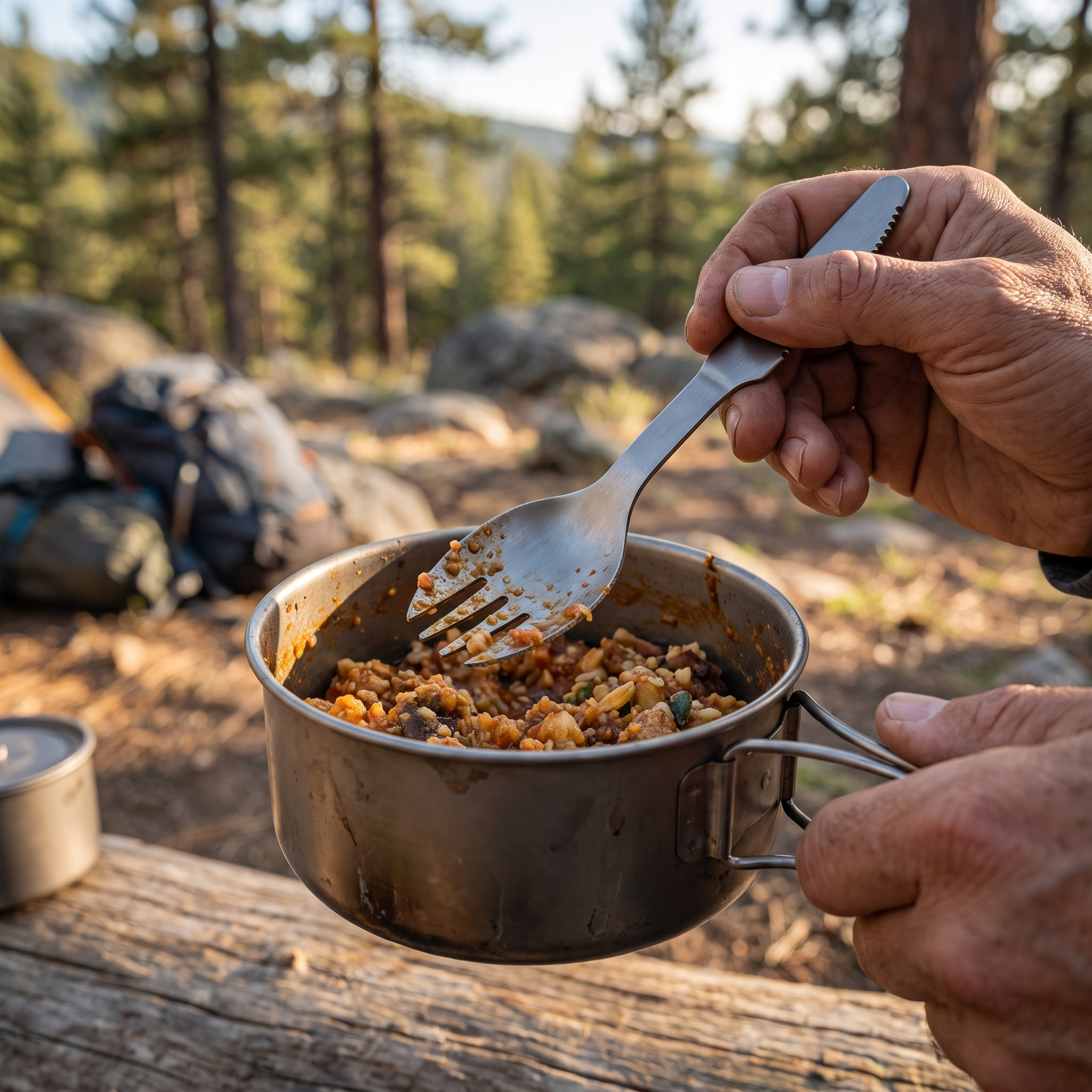 Titanium spork eating a trail meal