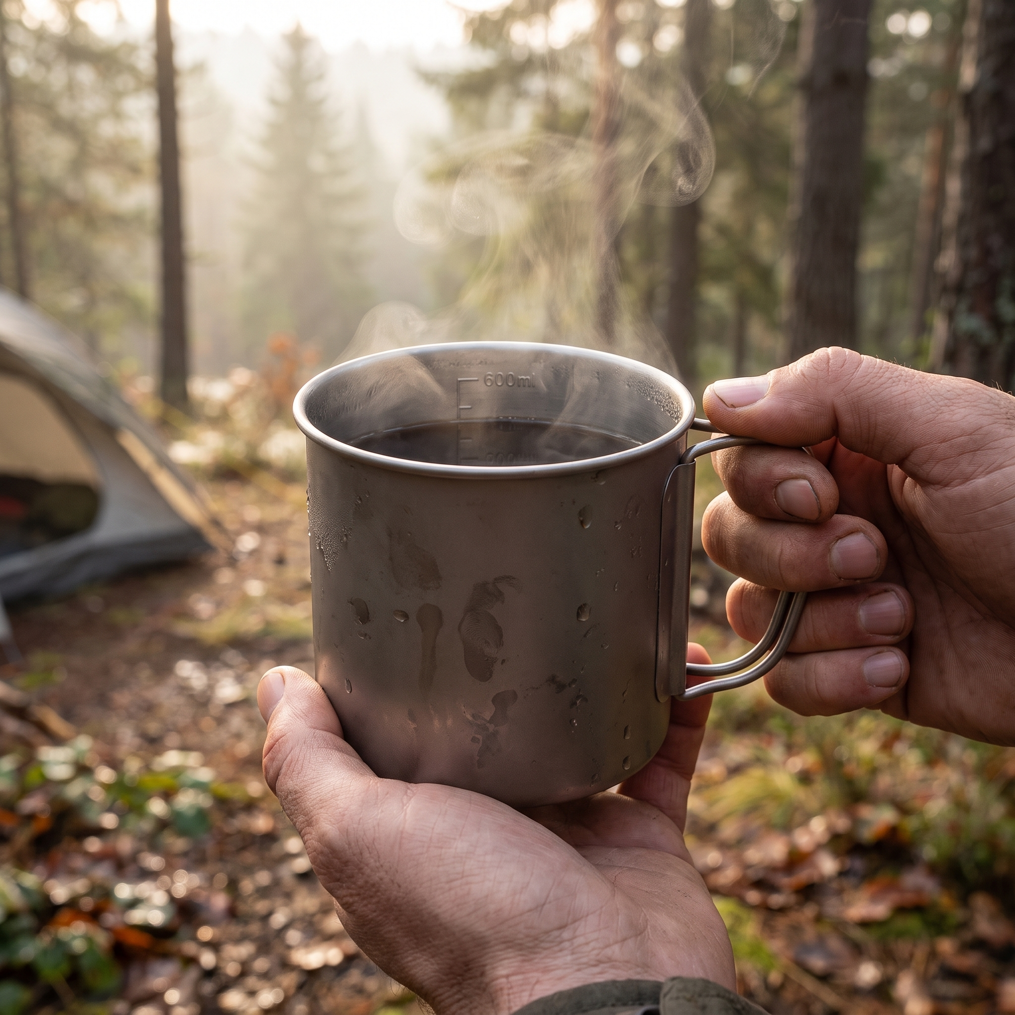 Trailcup titanium mug with coffee at a campsite