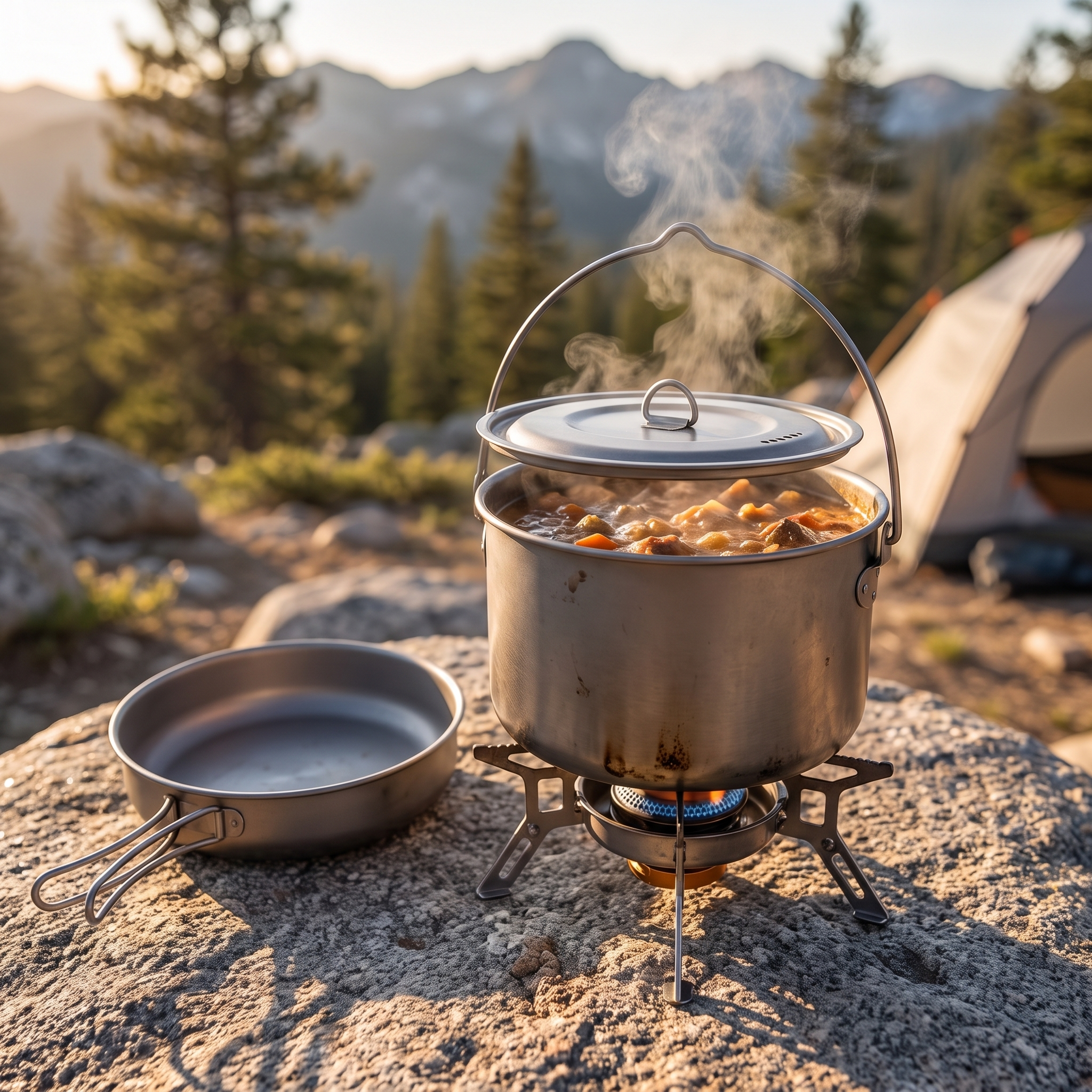 Basecamp titanium cookware cooking on a camp stove