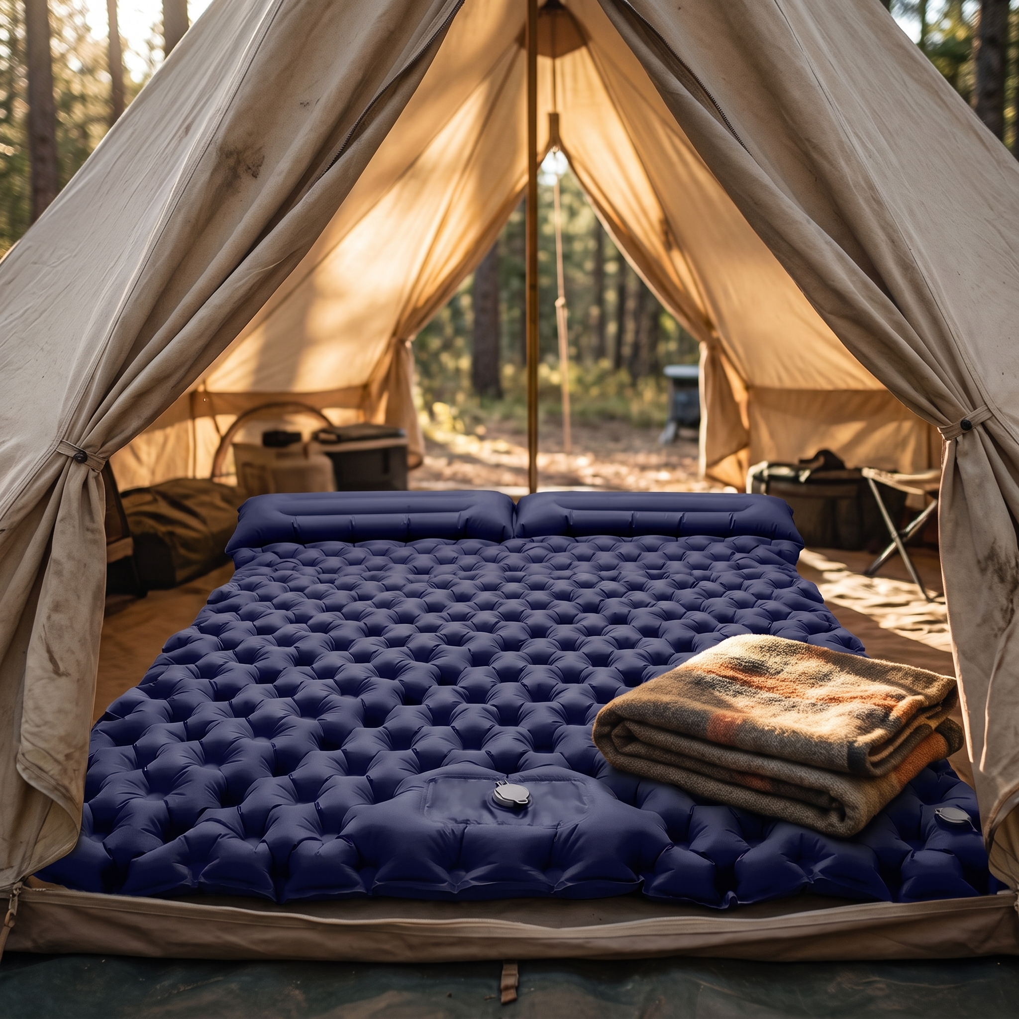 Basecamp double air bed set up in a family tent