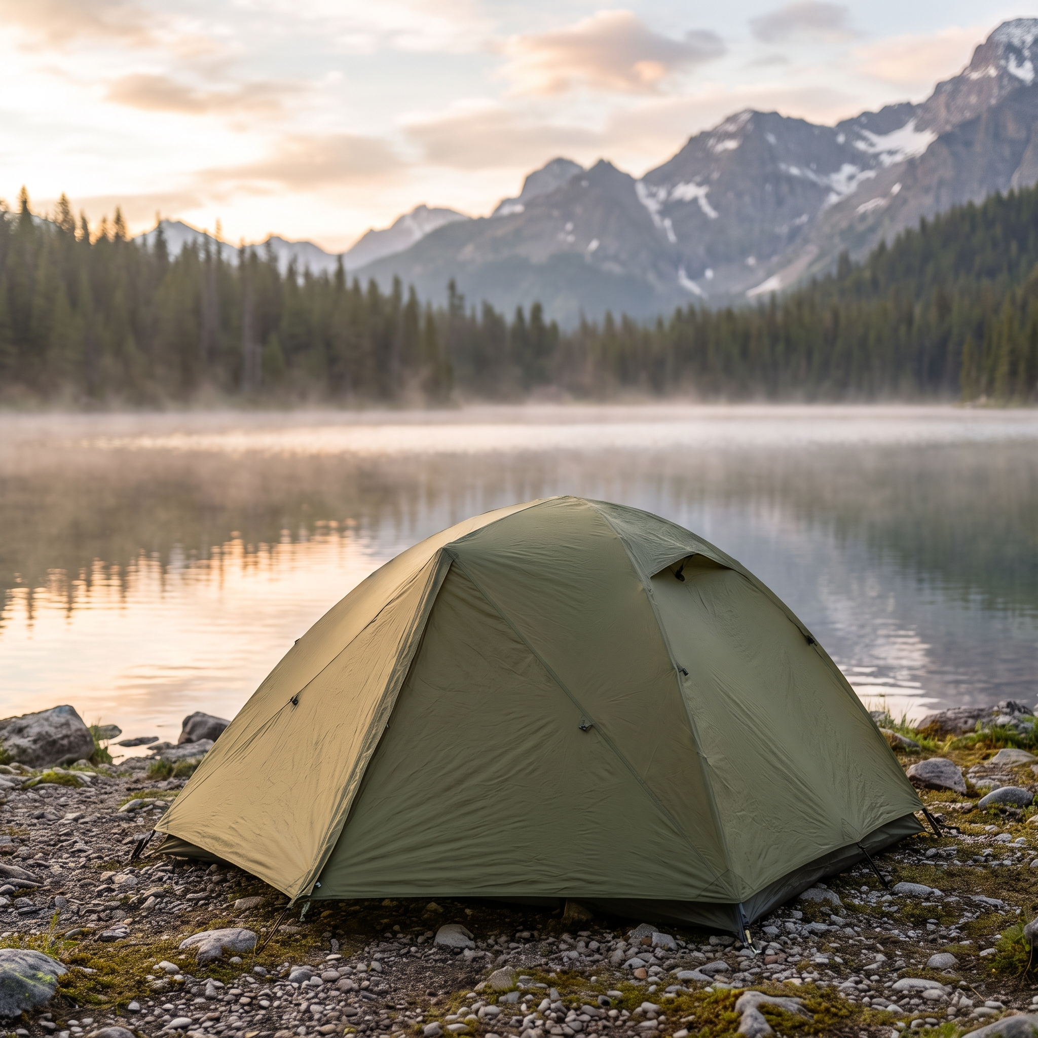 Ridgeline tent pitched by a mountain lake at dawn