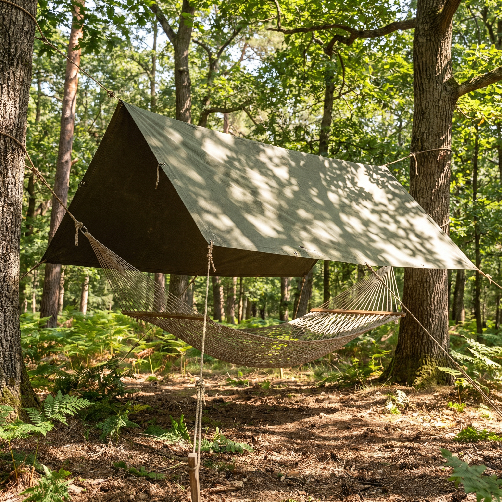 Canopy tarp pitched over a hammock in a forest clearing
