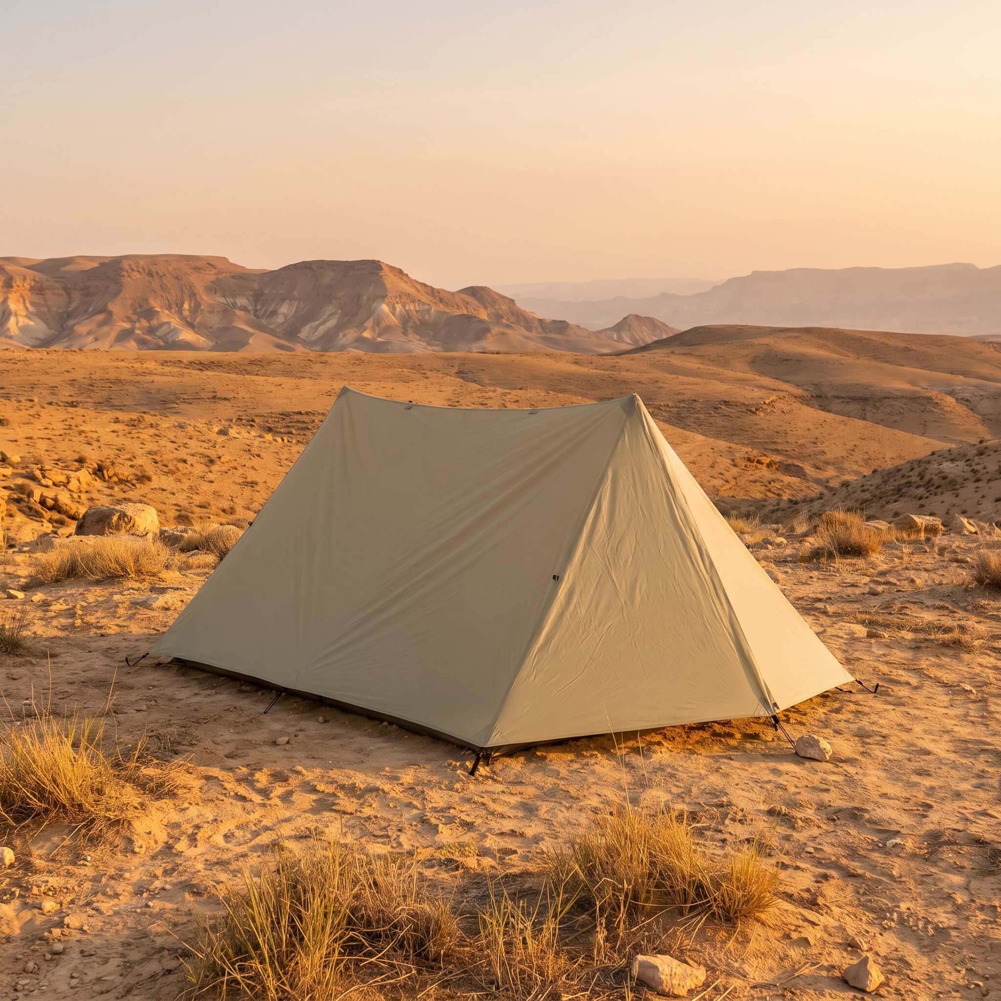 Featherlite tent pitched on a high desert plateau at sunset