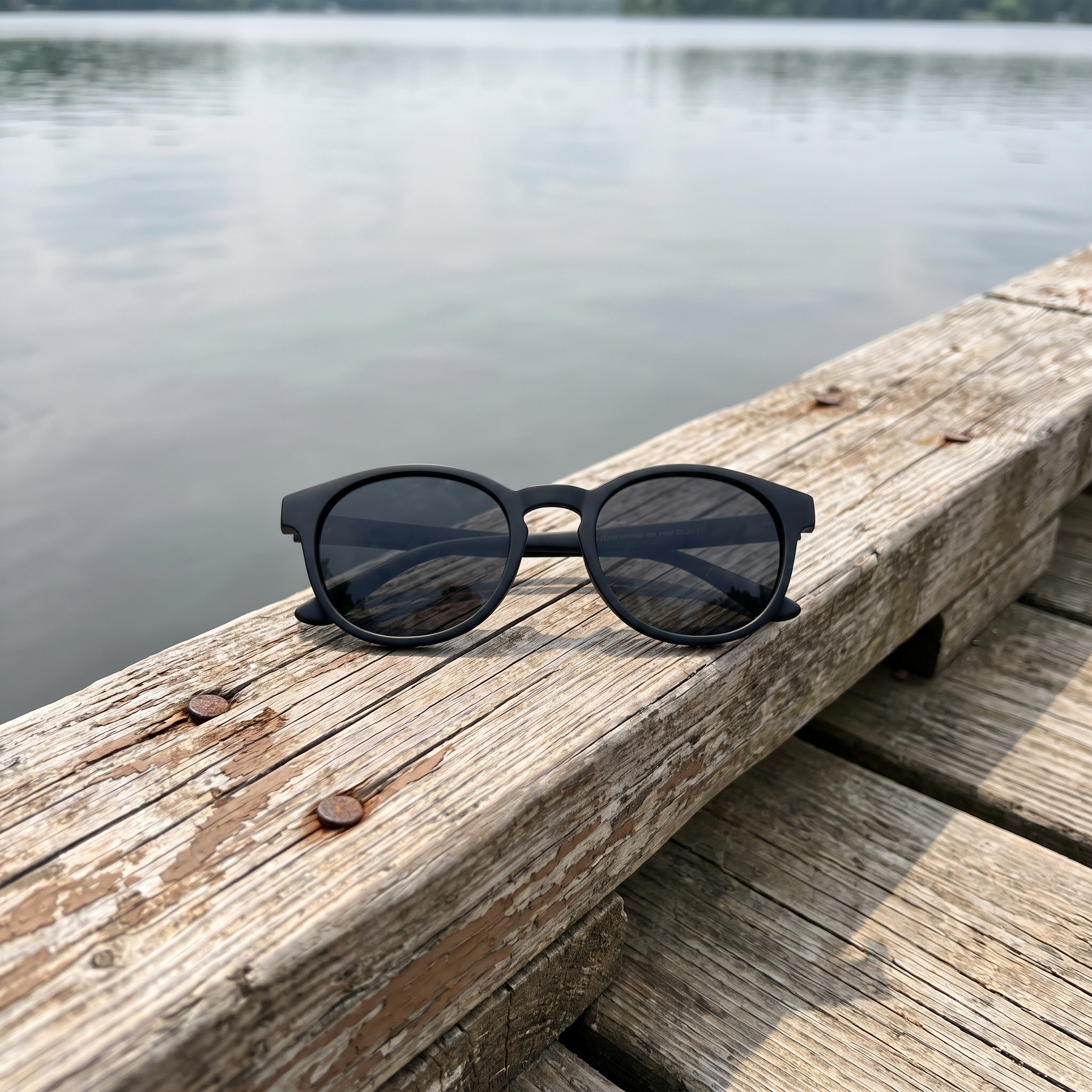 Angler polarized fishing sunglasses on a dock rail by the water