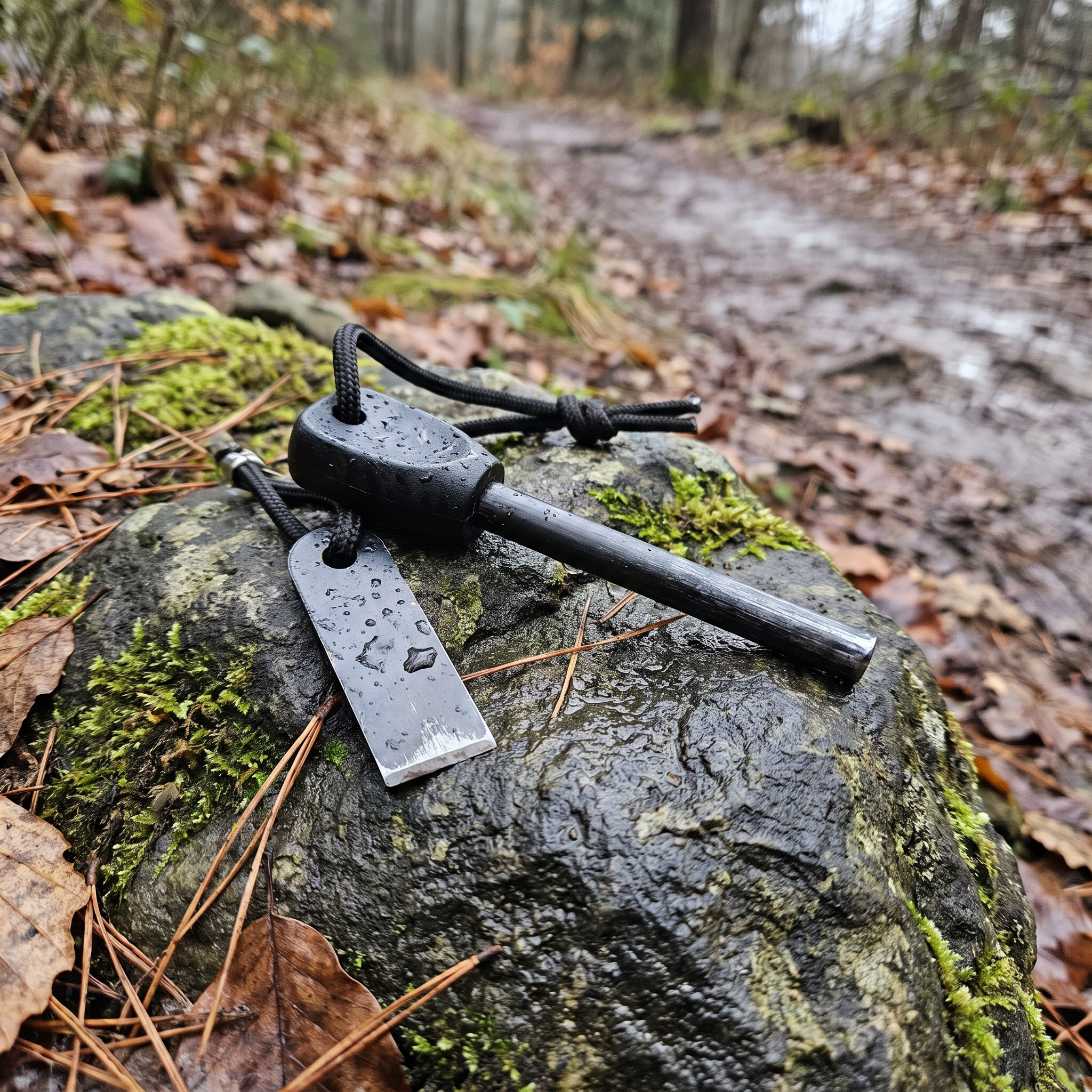 Waterproof flint striker on a wet rock