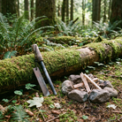 Ferro rod fire starter by a campfire ring