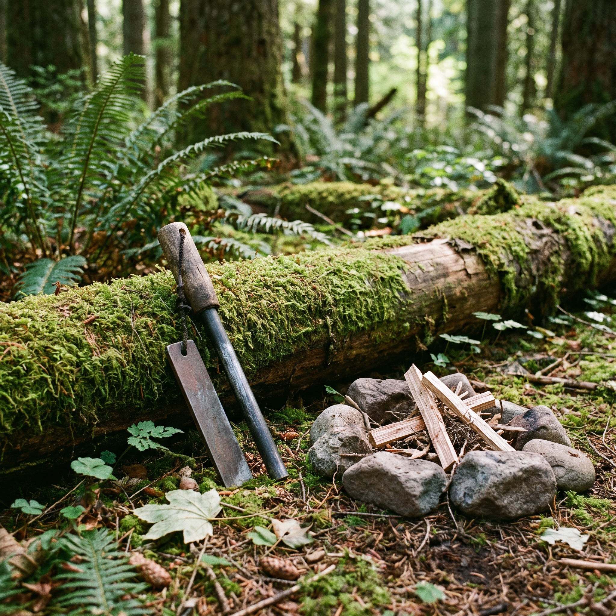 Ferro rod fire starter by a campfire ring