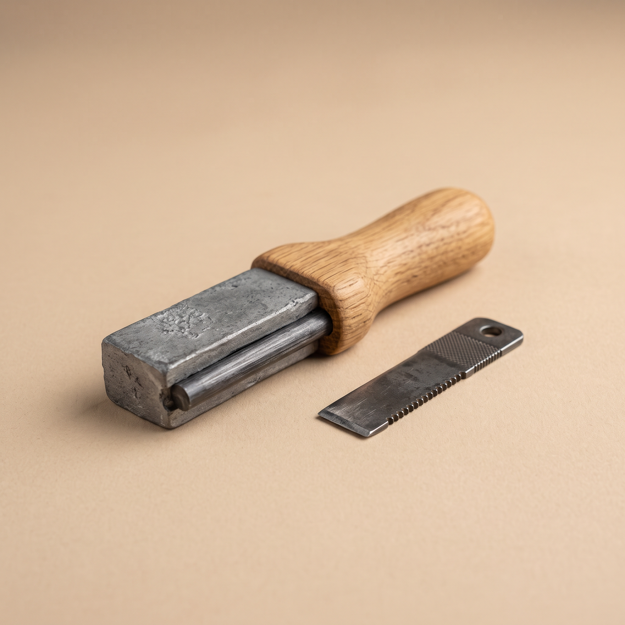 Magnesium fire starter with wooden handle, studio